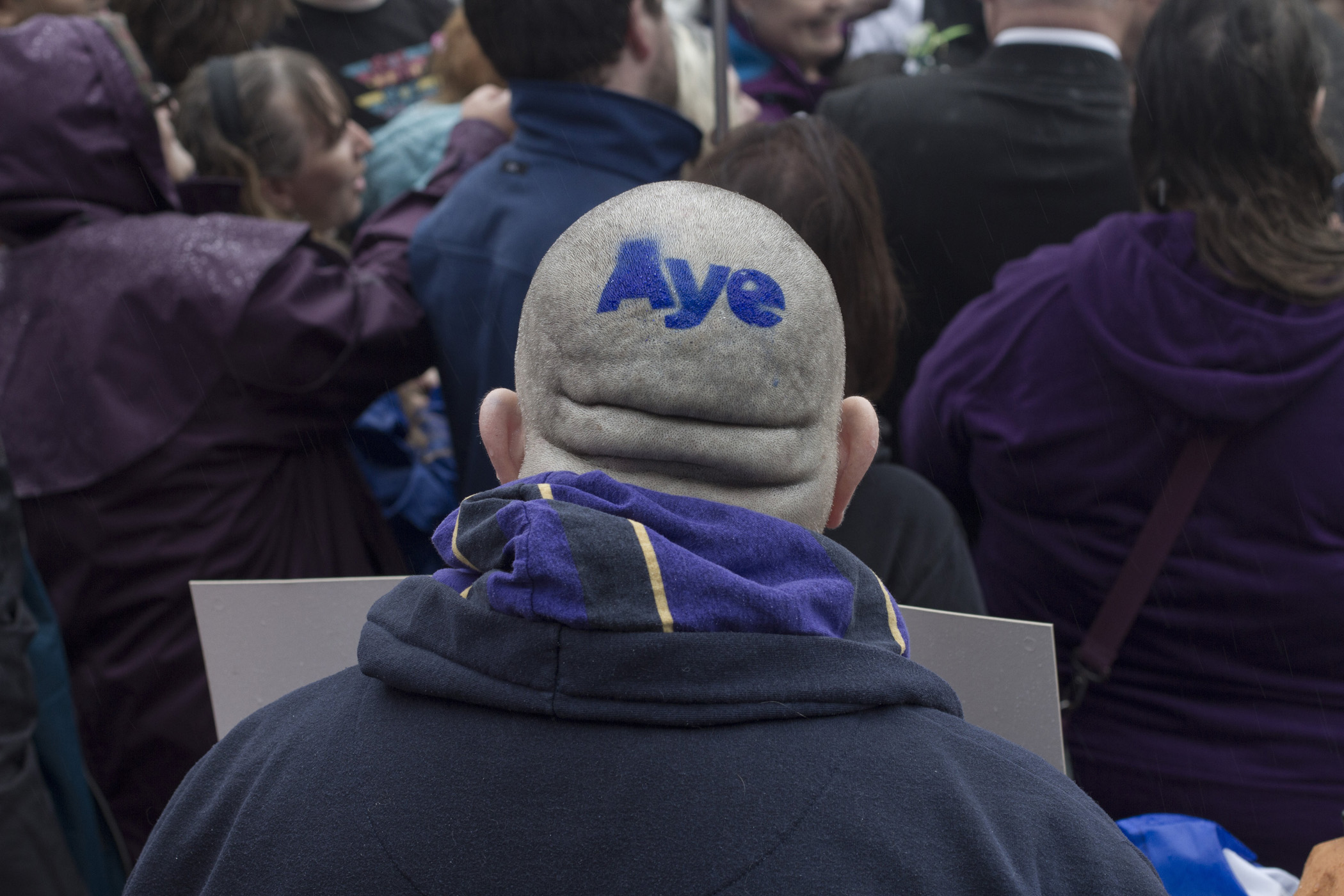 A pro-independence supporter with the word 'Aye' on his scalp pictured outside the Burgh Hall waiting the arrival of Scotland's First Minister Alex Salmond MSP who was on a visit to his home town of Linlithgow, West Lothian, Sept. 15, 2014.