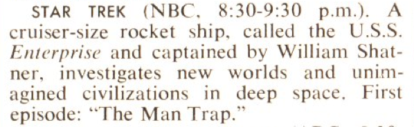 Sept. 9, 1966 Star Trek listing