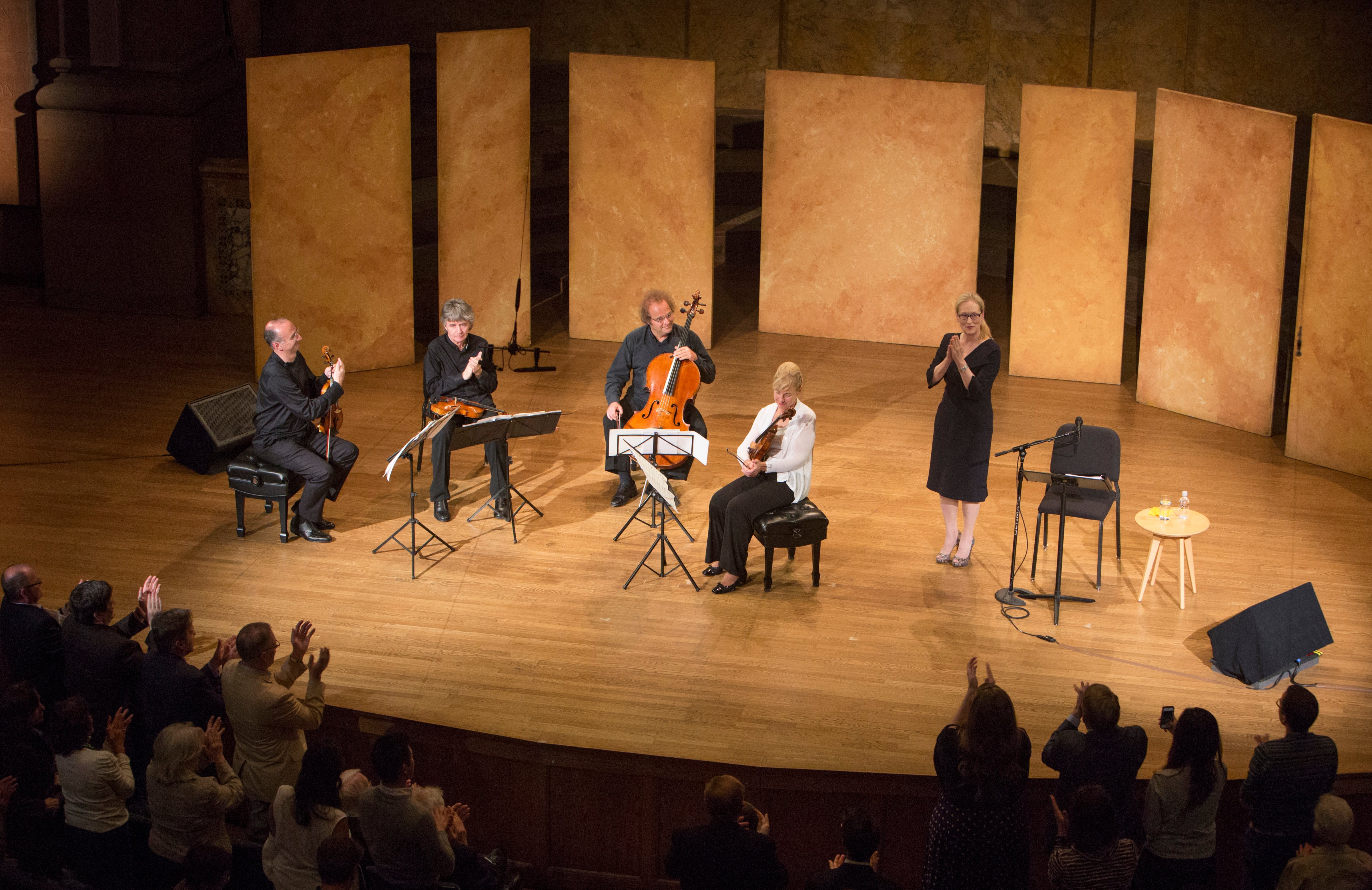 Meryl Streep and the Takacs String Quartet applaud Philip Roth, in the audience at an event presented by Princeton University Concerts. (Denise Applewhite&mdash;Princeton University Office of Communications)