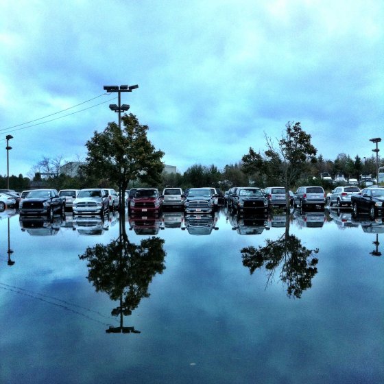 A partially submerged car dealership in Monmouth County, N.J.