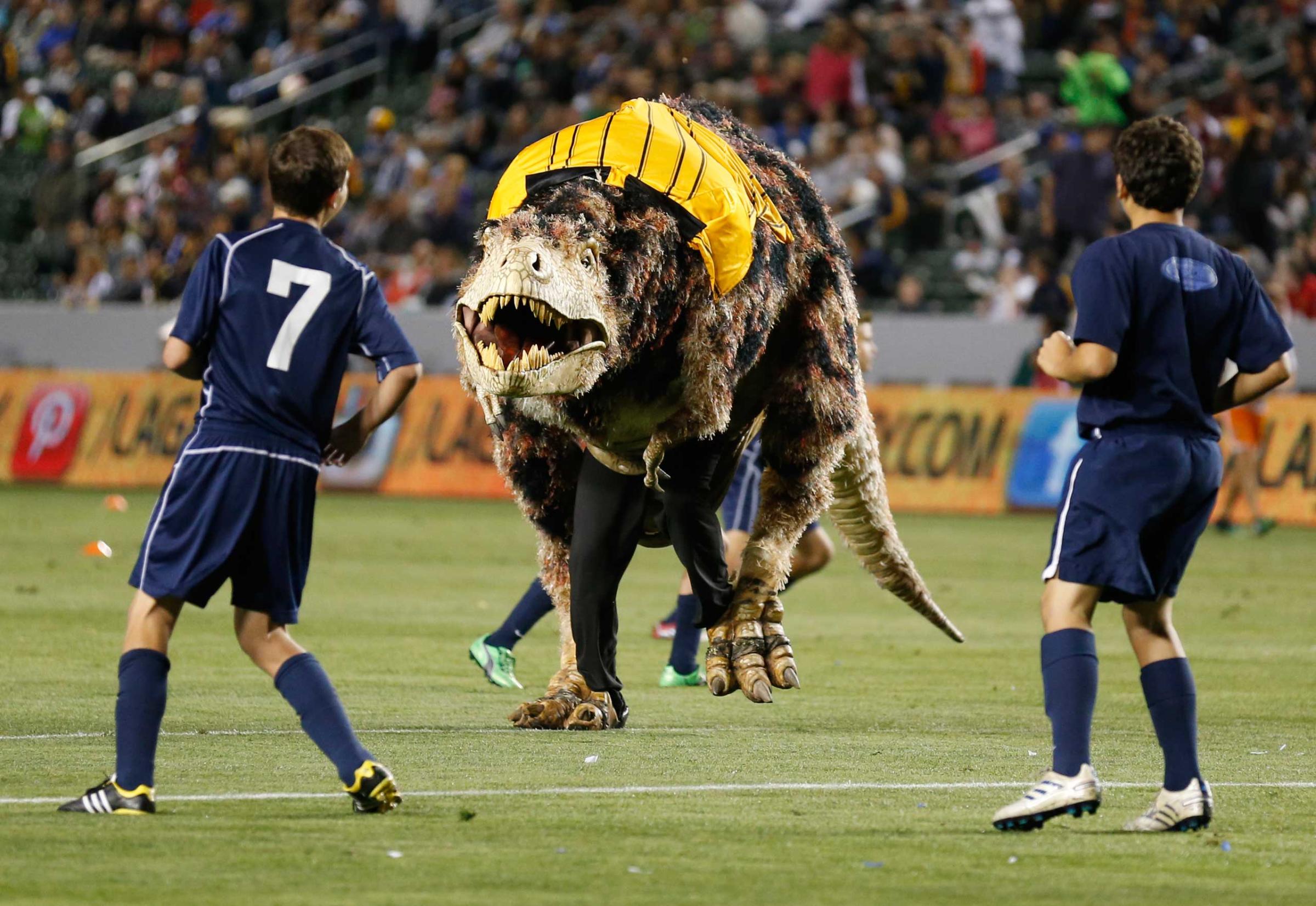A person in a Tyrannosaurus Rex dinosaur costume runs on the field as young boys play an exhibition soccer match during halftime of the MLS soccer game between the Los Angeles Galaxy and Seattle Sounders FC in Carson