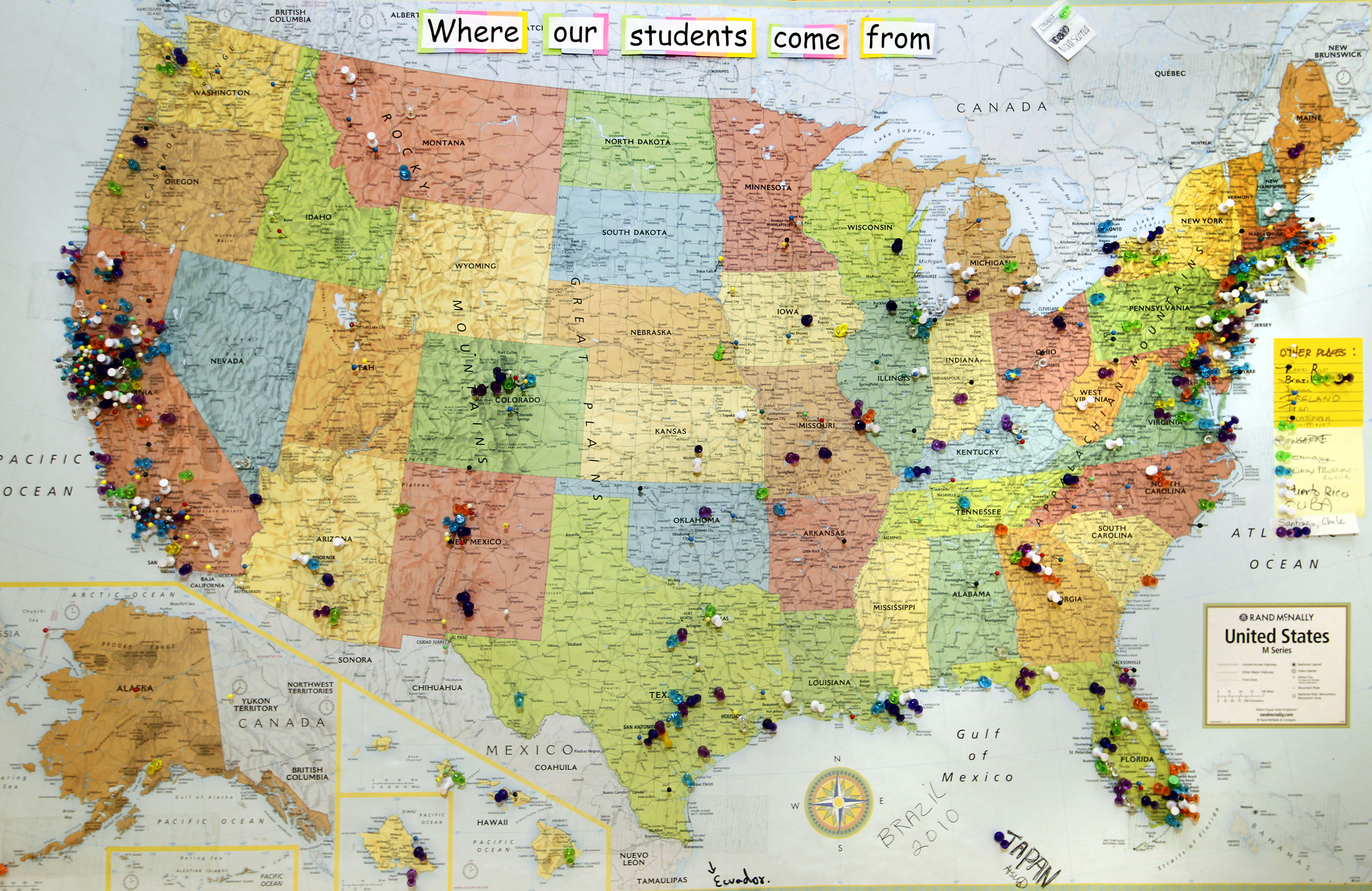 Pins in a United States map show where students have come from to take classes at Oaksterdam University, the nation's first marijuana trade school, on Sept. 23, 2010 in Oakland.
