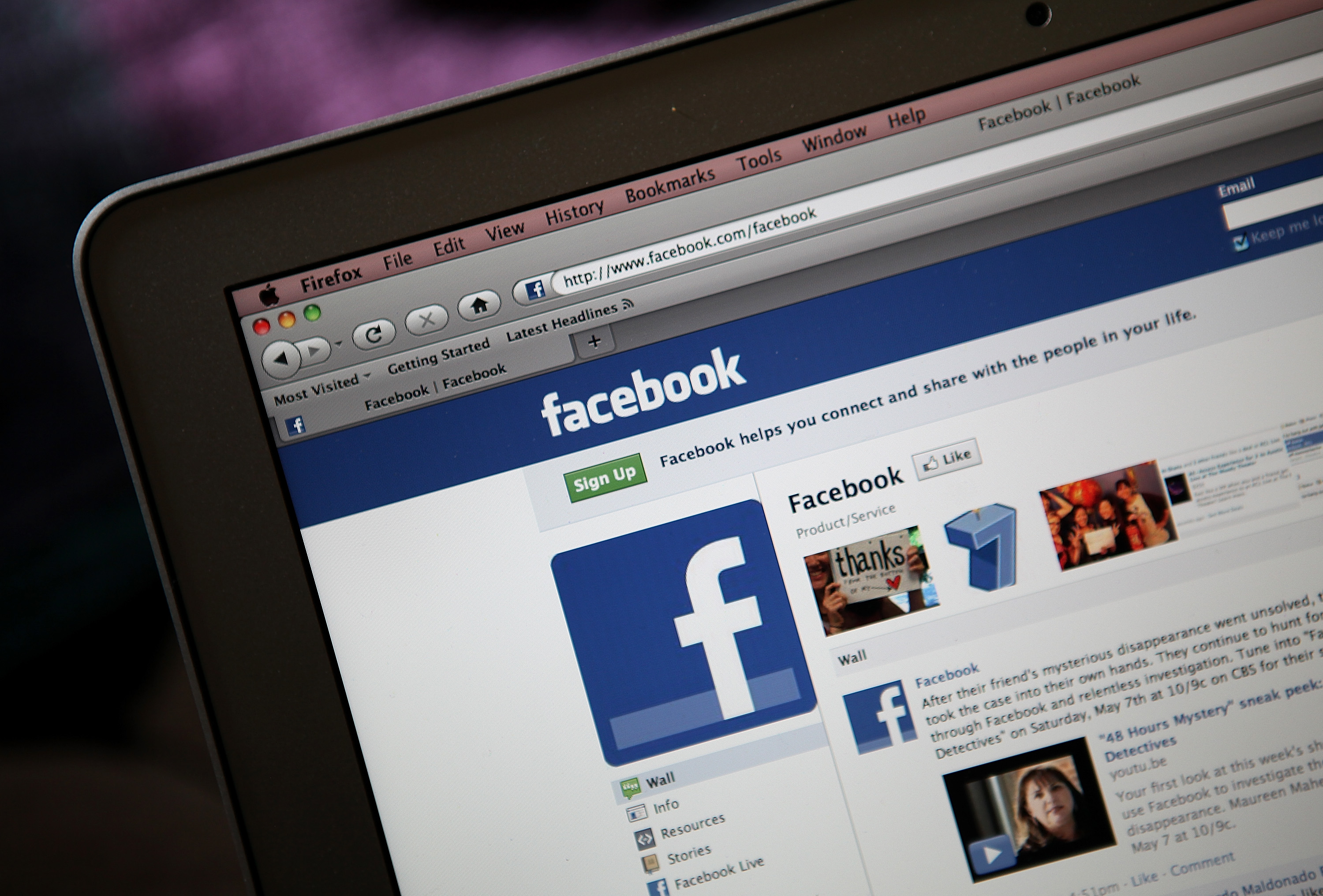 The Facebook website is displayed on a laptop computer on May 9, 2011 in San Anselmo, California. (Justin Sullivan&mdash;Getty Images)