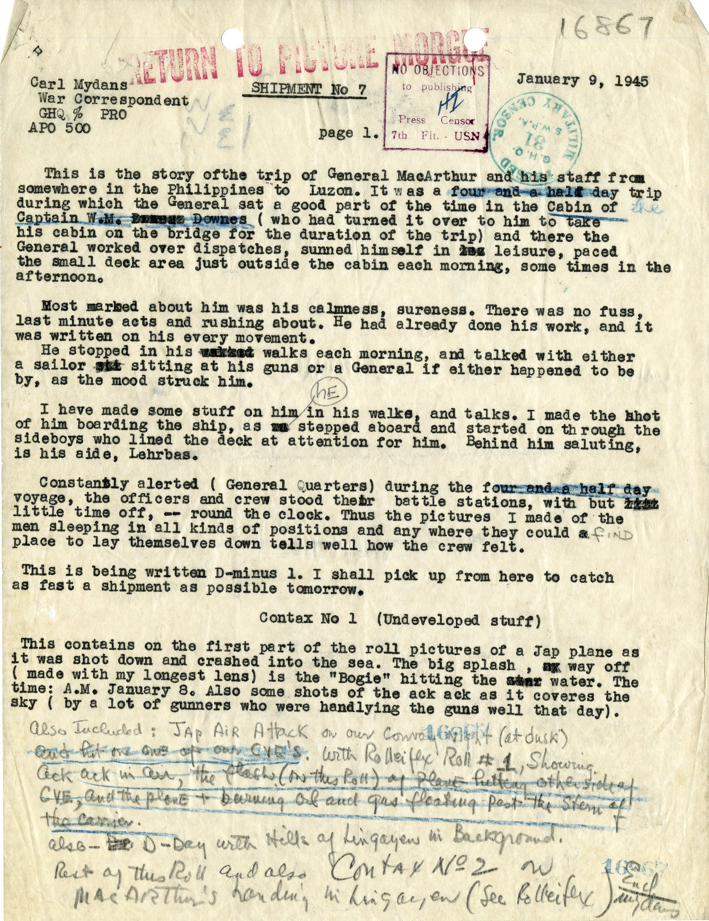 Carl Mydans' typed and handwritten notes, jan. 9, 1945.