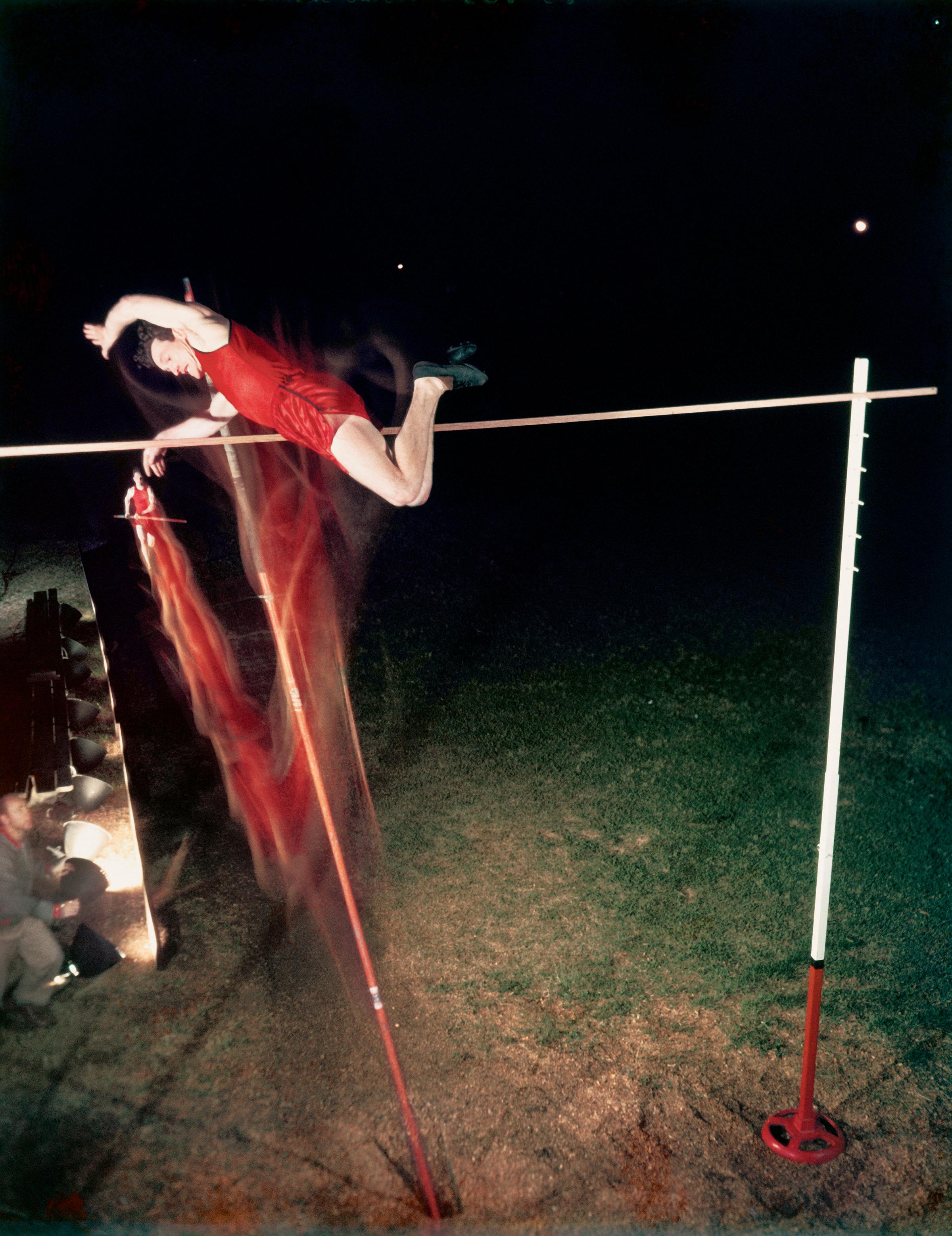 Time exposure of pole vaulter Robert Richards in action, 1951.