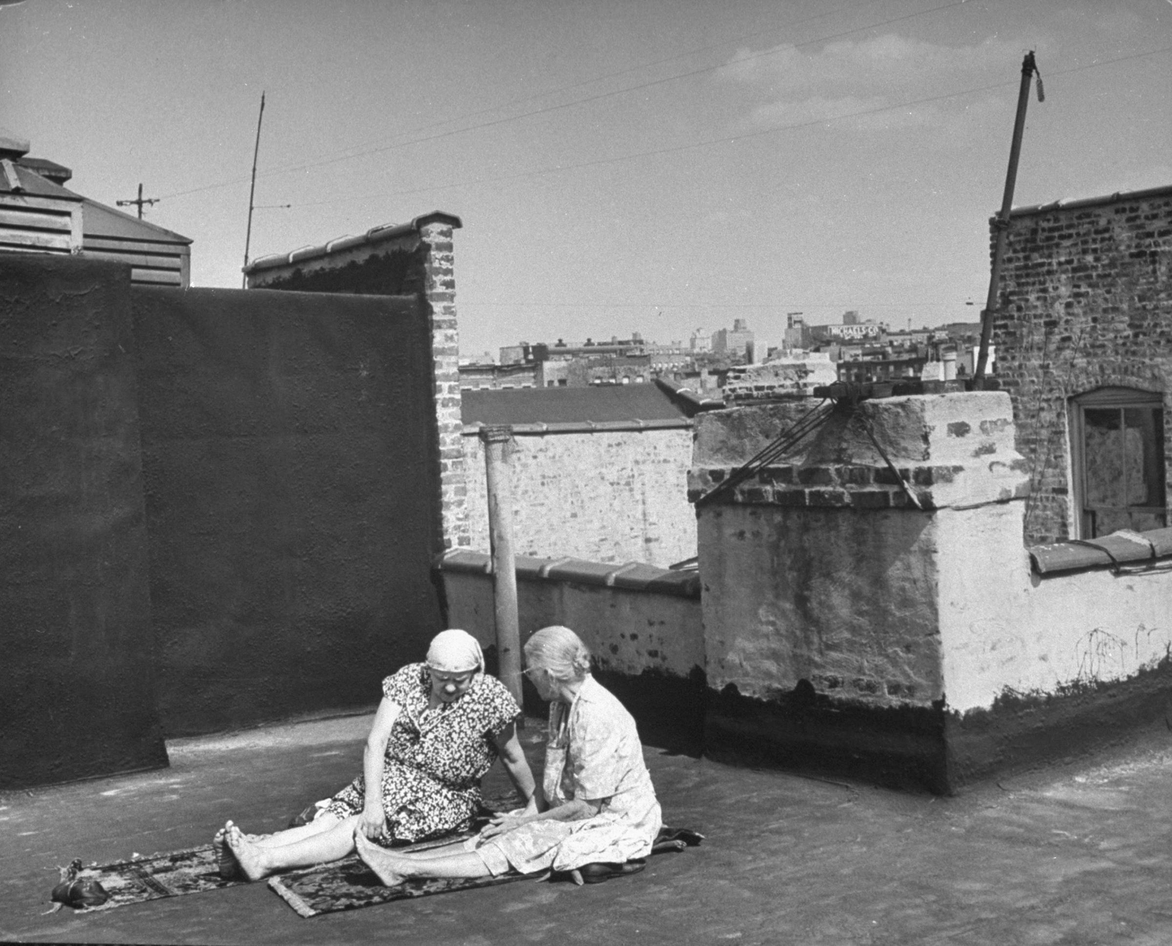 Taking the sun on a Brooklyn rooftop, 1946.