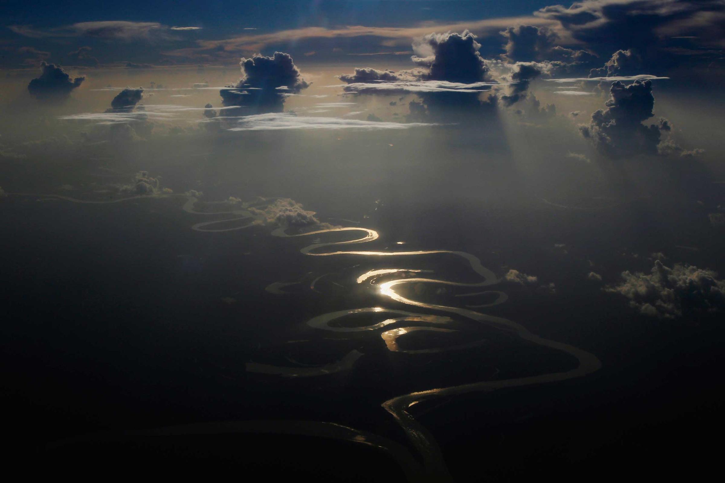 Aerial view of a river in Peru's Amazon region of Loreto