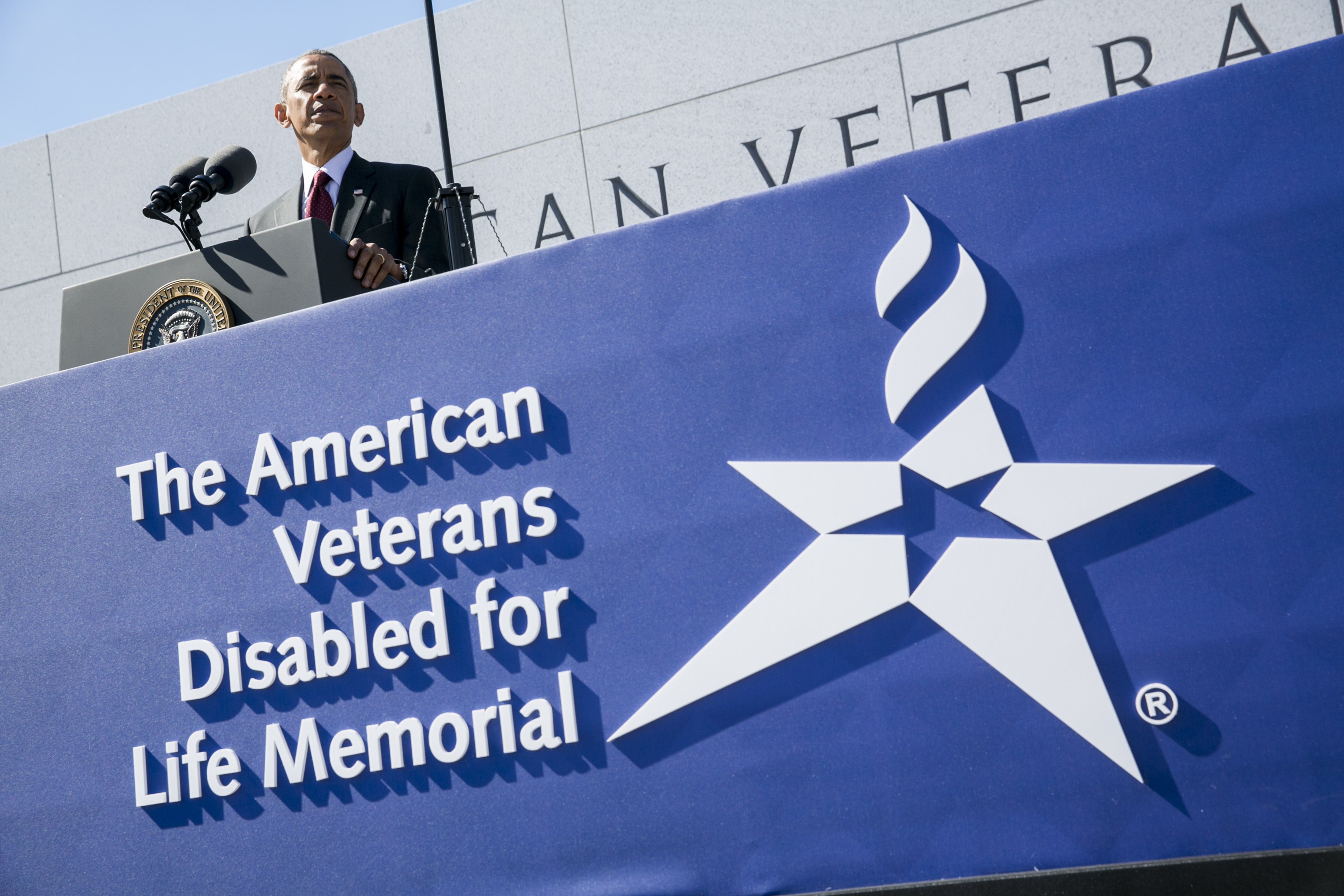 President Obama speaks Sunday at a new memorial in Washington dedicated to disabled veterans. (Pool / Getty Images)