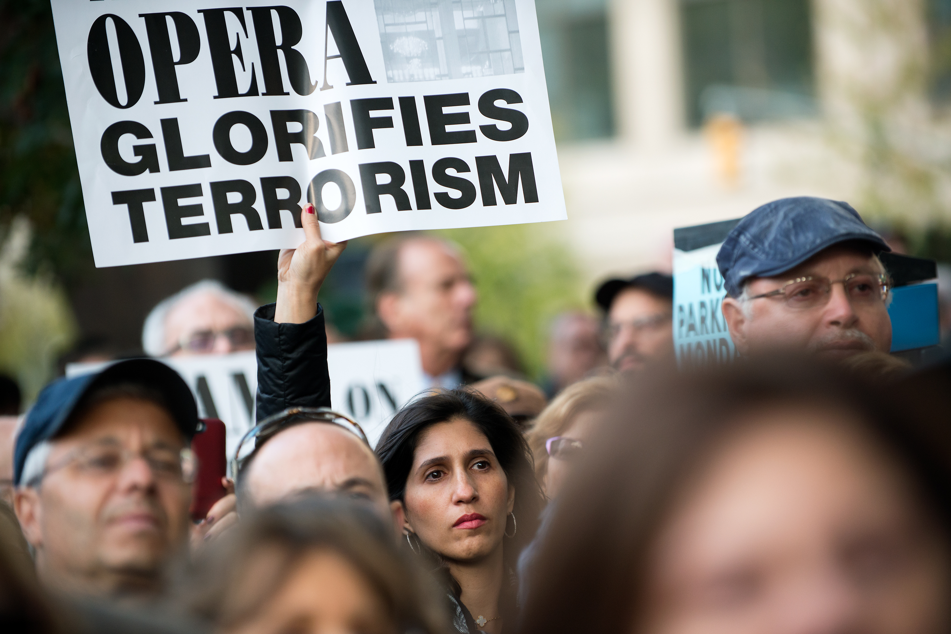 A protestor holds up a sign outside the Metropolitan Opera at Lincoln Center on opening night of the opera, "The Death of Klinghoffer" on October 20, 2014 in New York City. The opera, by John Adams, depicts the death of Leon Klinghoffer, a Jewish cruise passenger from New York, who was killed and dumped overboard during a 1985 hijacking of an Italian cruise ship by Palestinian terrorists. (Bryan Thomas&mdash;Getty Images)