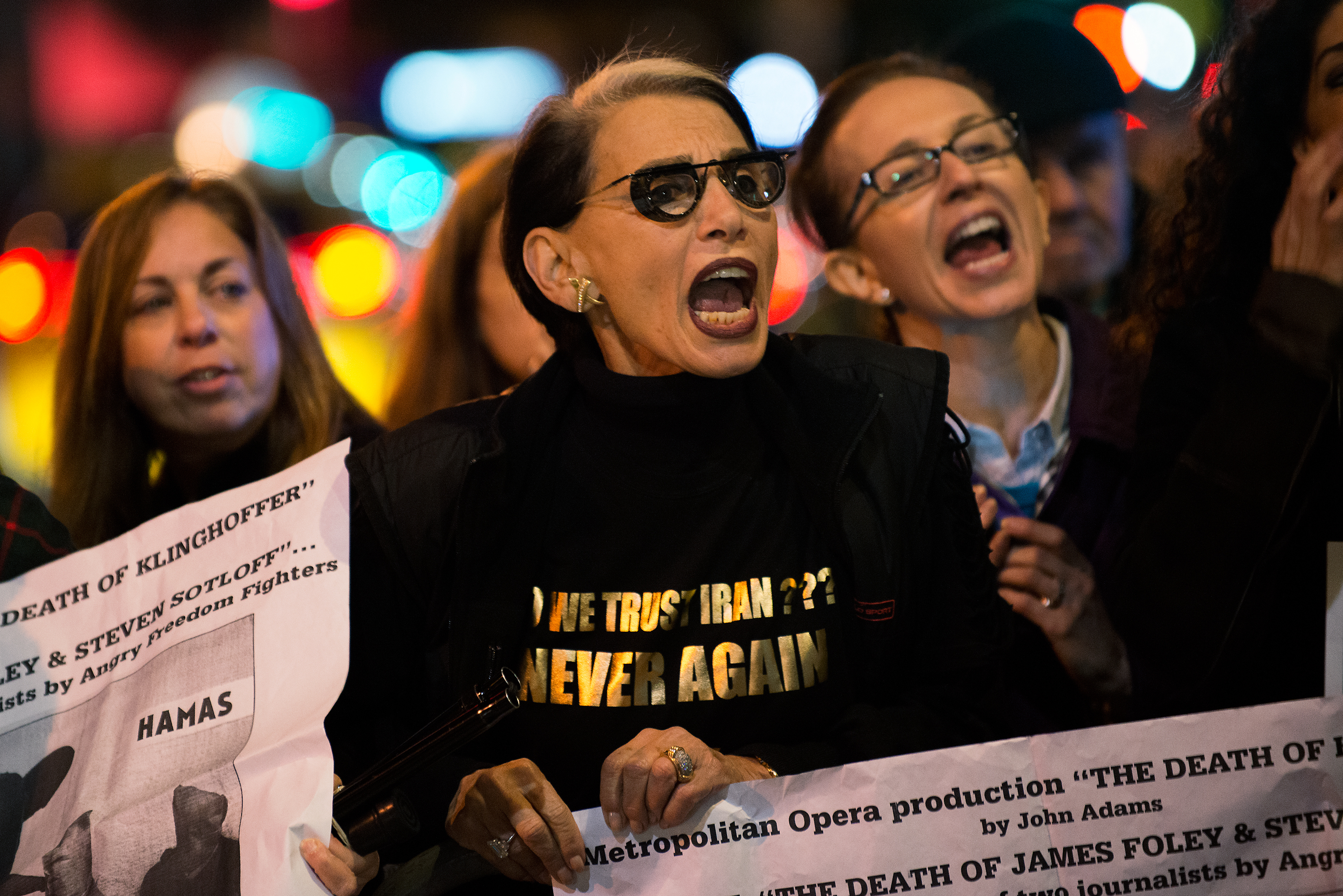 Protestors yell at counter-protestors and opera attendees at the Metropolitan Opera at Lincoln Center on opening night of the opera, "The Death of Klinghoffer" on October 20, 2014 in New York, NY. (Bryan Thomas&mdash;Getty Images)