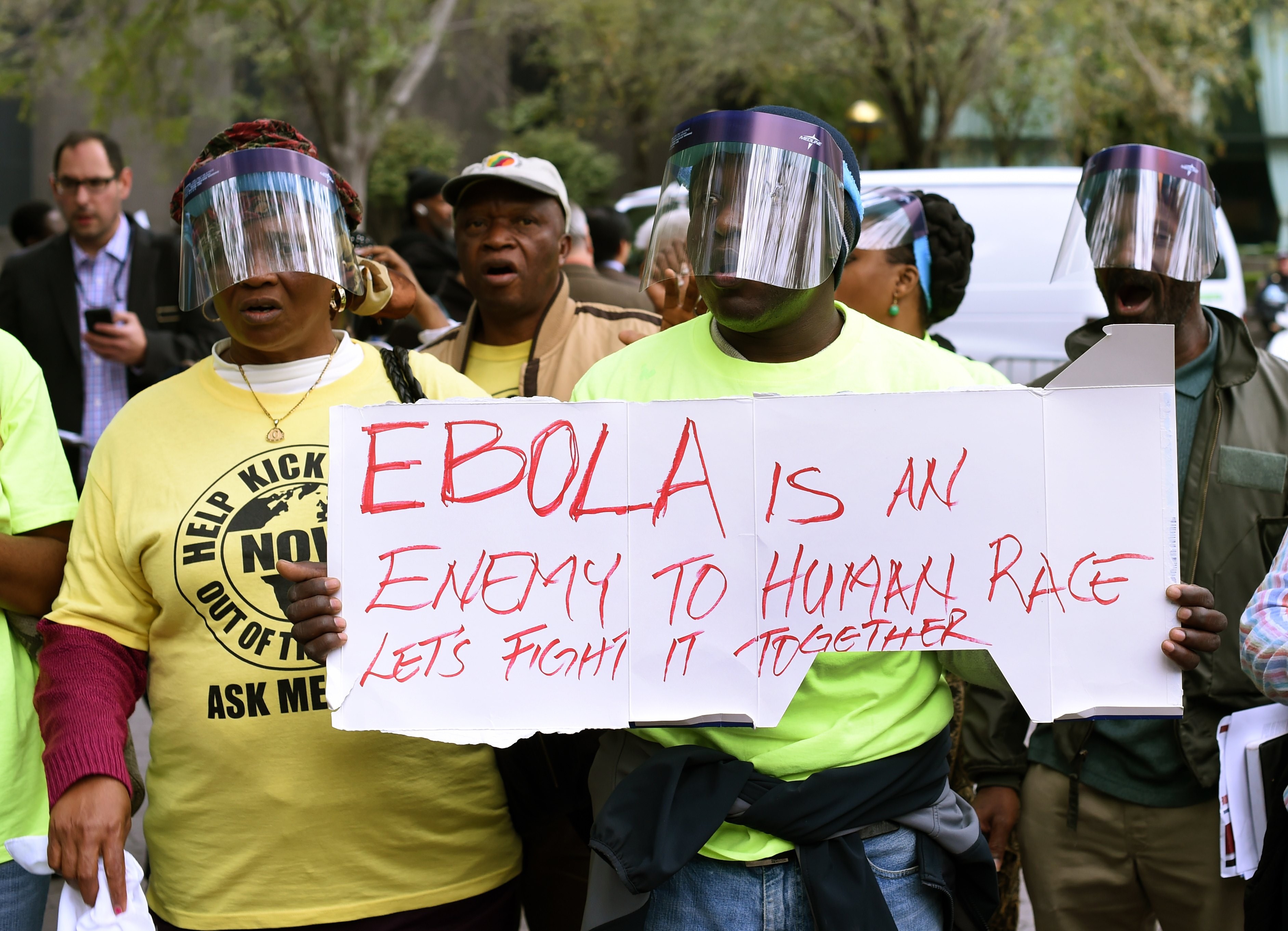 Demonstrators with the United African Congress (UAC) hold a rally for the "Stop Ebola" movement in New York on October 24, 2014 the morning after it was confirmed that Doctor Craig Spencer, a member of Doctors Without Borders, who recently returned to New York from West Africa tested positive for Ebola, making him New York City's first Ebola patient. (TIMOTHY A. CLARY&mdash;AFP/Getty Images)