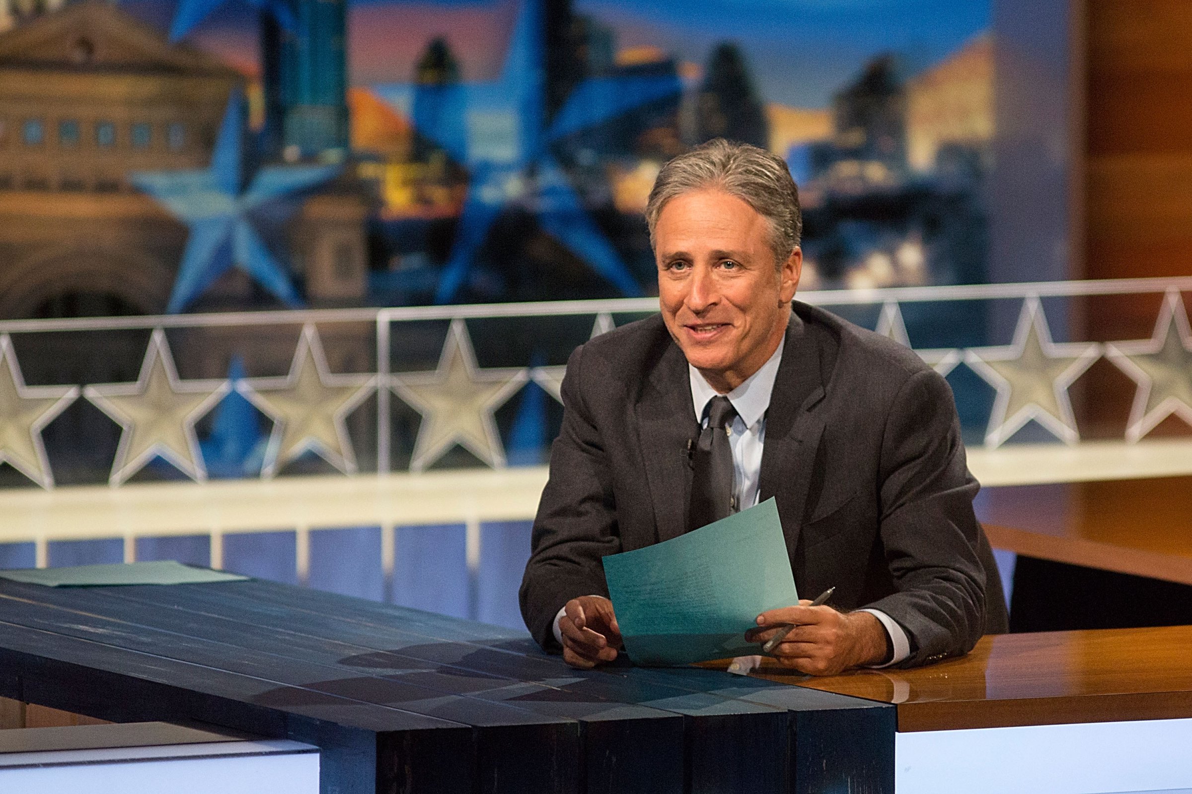 Host Jon Stewart at "The Daily Show with Jon Stewart" covers the Midterm elections with "Democalypse 2014: South By South Mess" on Oct. 28, 2014 in Austin, Texas.
