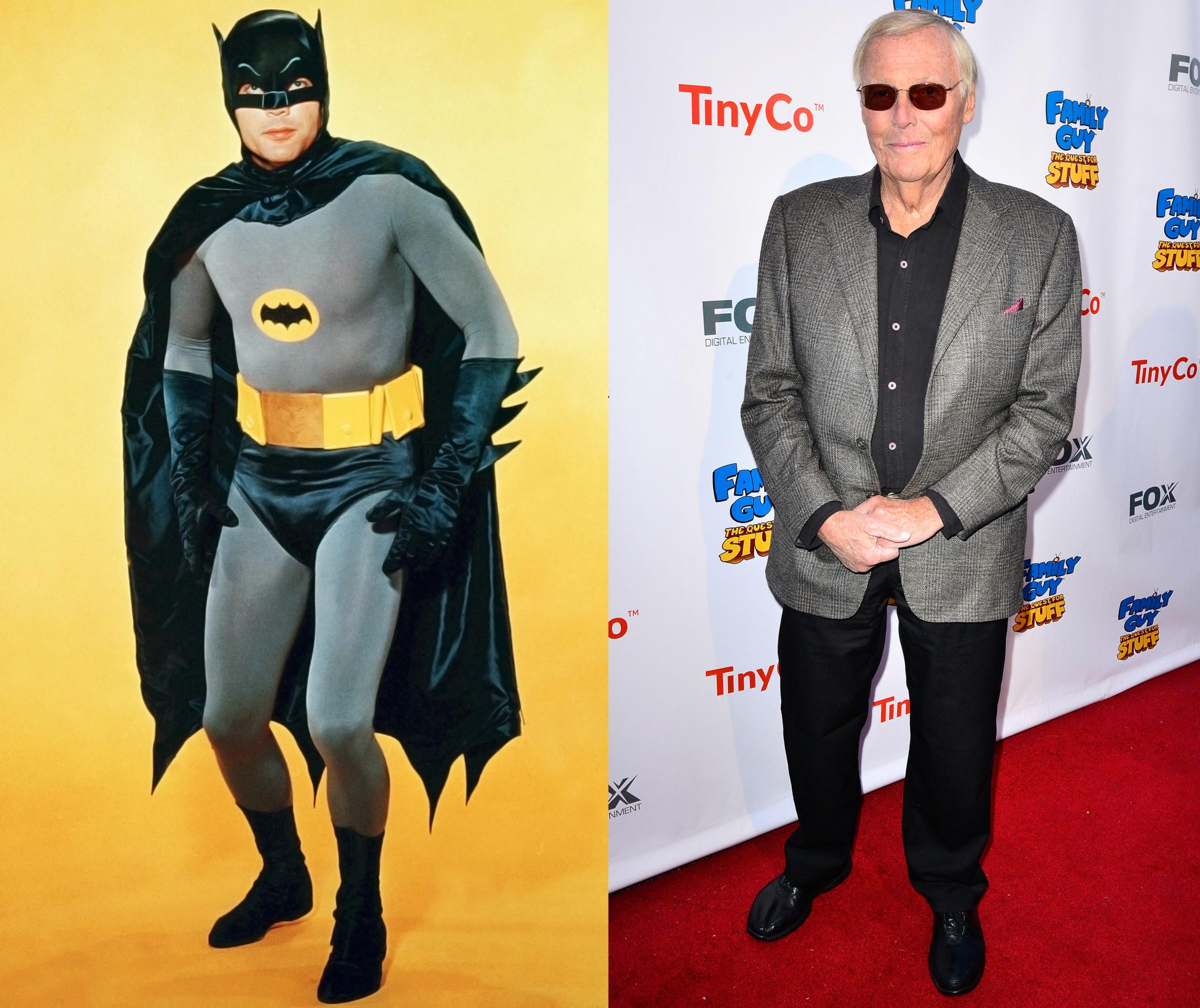 Adam West, US actor, in costume in a studio portrait, against a yellow background, issued as publicity for the television series, 'Batman', USA, circa 1966. The television series featuring DC Comics characters, starred West as 'Bruce Wayne' and his alter ego, 'Batman'. (Photo by Silver Screen Collection/Getty Images)
