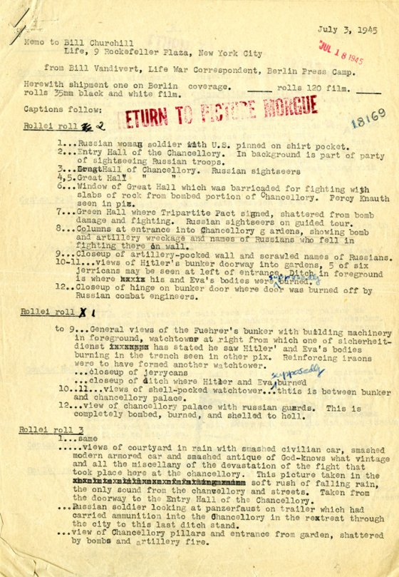 The first of the approximately 20 pages of notes that William Vandivert typed for LIFE's editors in New York, describing not only the pictures he took but also the atmosphere pervading his examination of Hitler's bunker and the Reich Chancellery grounds. (An example of Vandivert's terse, vivid notations: 
