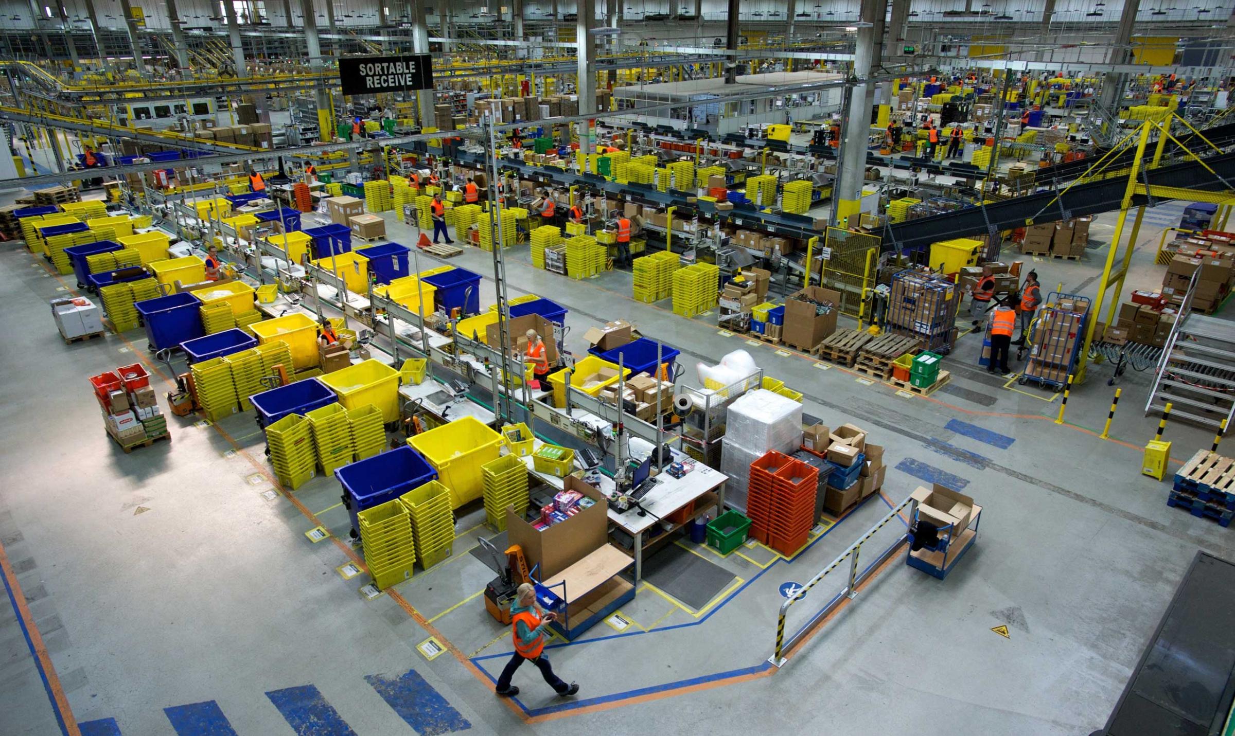 Interior view of the hall of a logistics center of the online shopping company Amazon, taken on March 26, 2014 in Leipzig, eastern Germany.