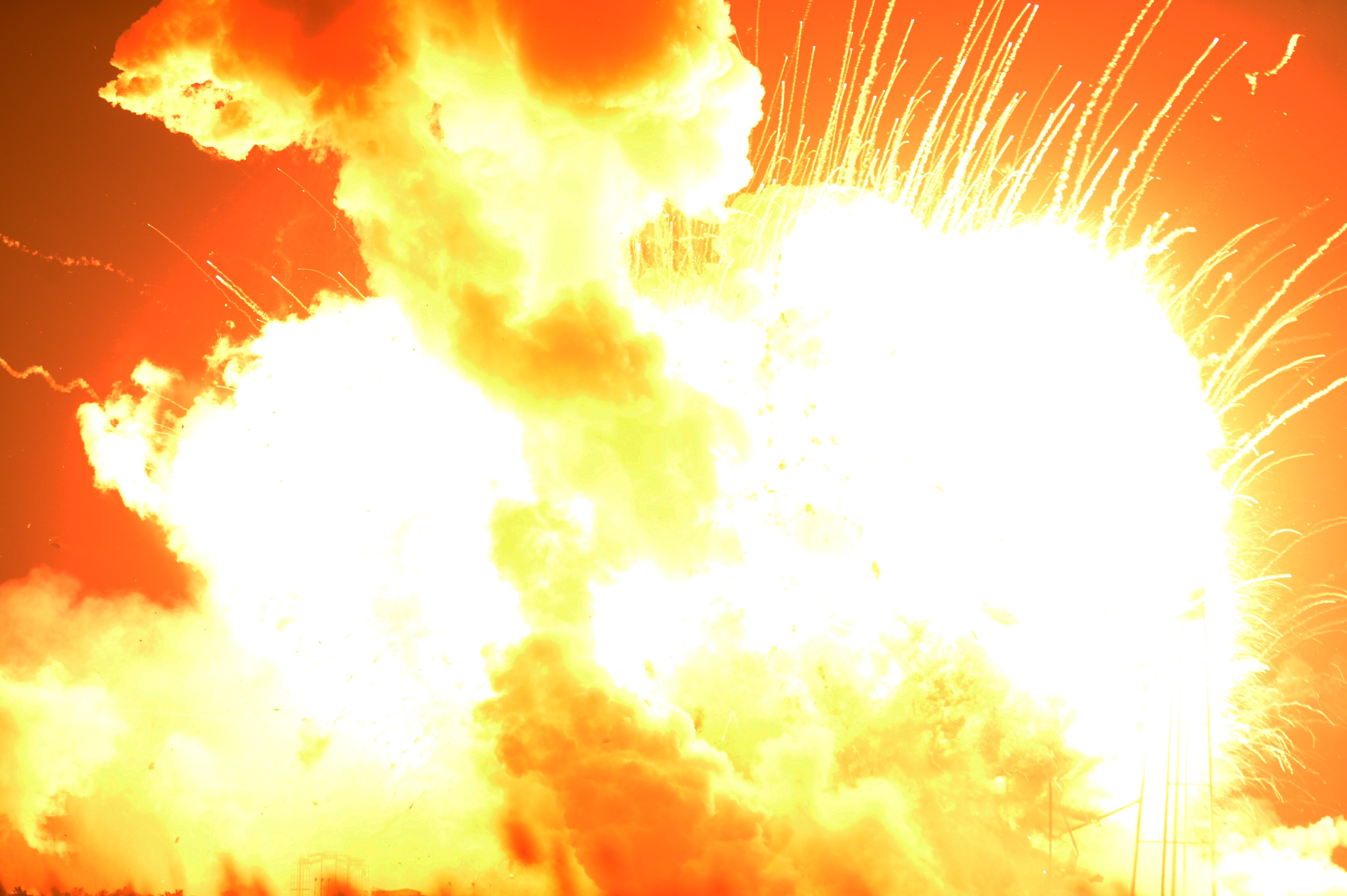An unmanned Orbital Sciences Corp.'s Antares rocket explodes shortly after takeoff at Wallops Flight Facility on Wallops Island, Va. on Oct. 28, 2014.
