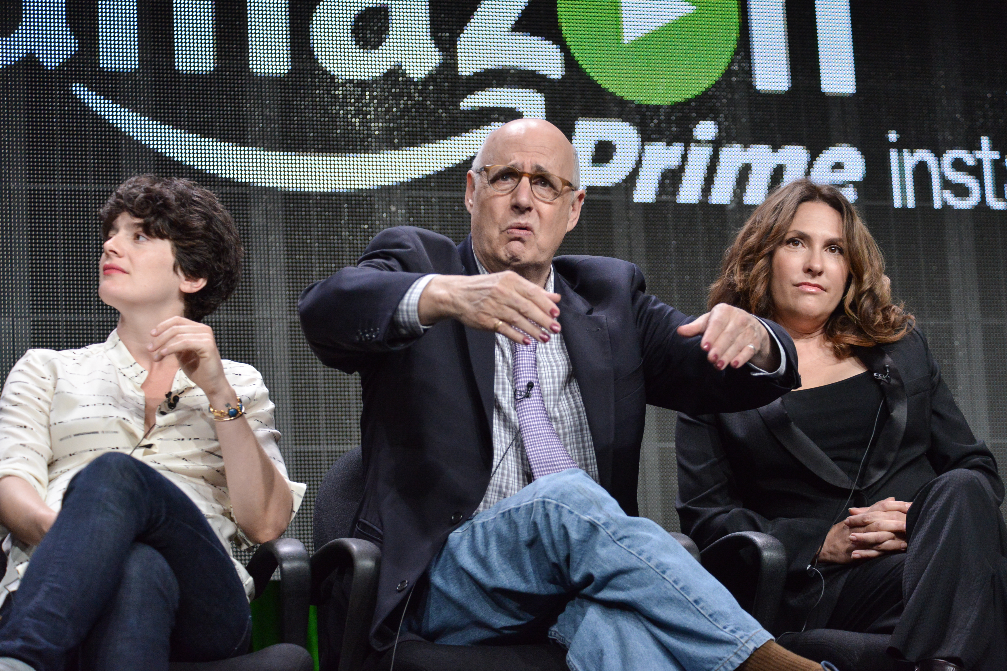 From left, Gaby Hoffmann, Jeffrey Tambor, and Jill Soloway speak onstage during the "Transparent" panel at the Amazon 2014 Summer TCA on Saturday, July 12, 2014, in Beverly Hills, Calif. (Photo by Richard Shotwell/Invision/AP) (Richard Shotwell&mdash;Richard Shotwell/Invision/AP)