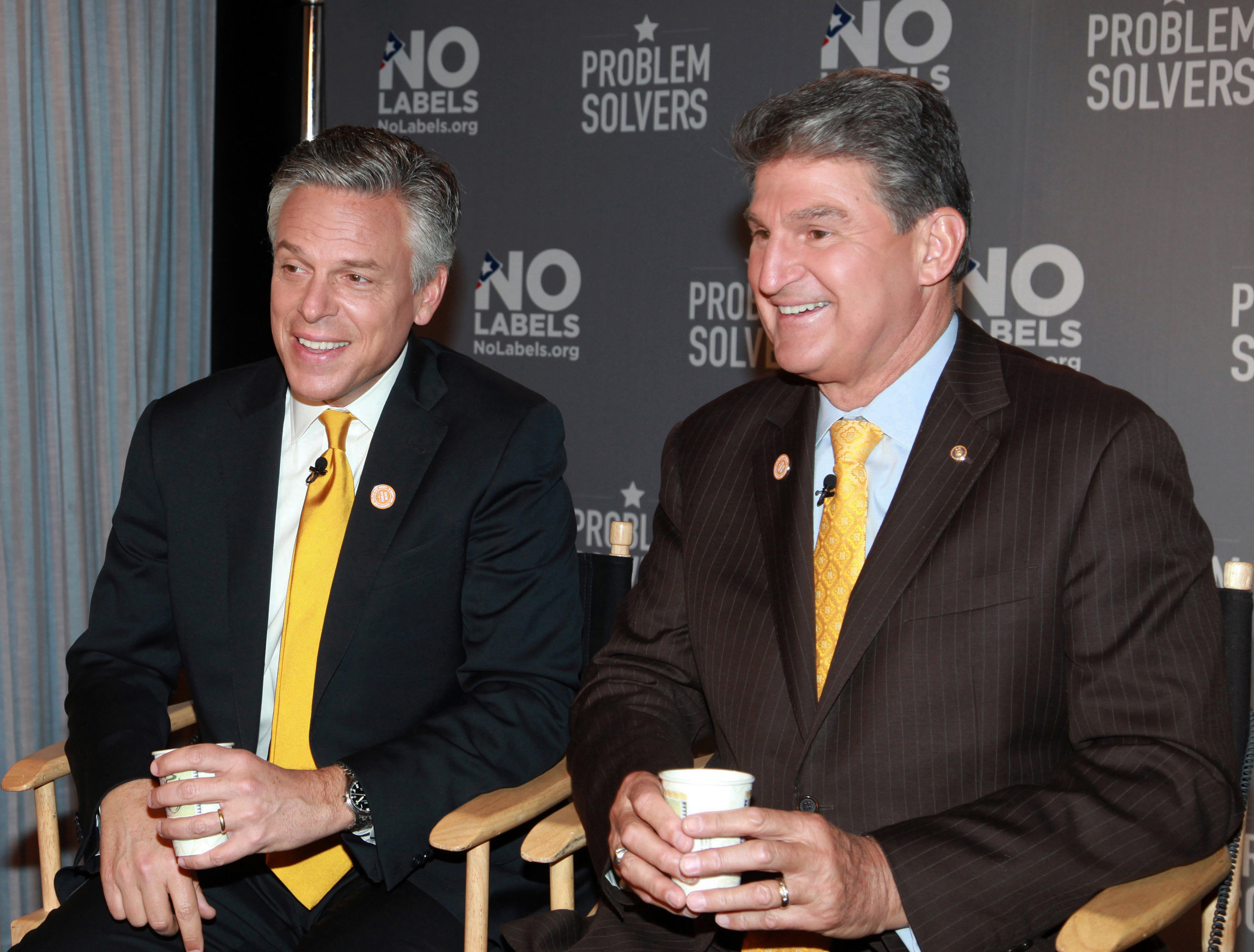 In this photo provided by No Labels, Former Ambassador to China and former Utah Gov. Jon Huntsman, left, and Sen. Joe Manchin, (D-W.Va.), address reporters after the pair became the new leaders of No Labels in New York, Monday, Jan. 14, 2013. (David Karp—No Labels/AP)