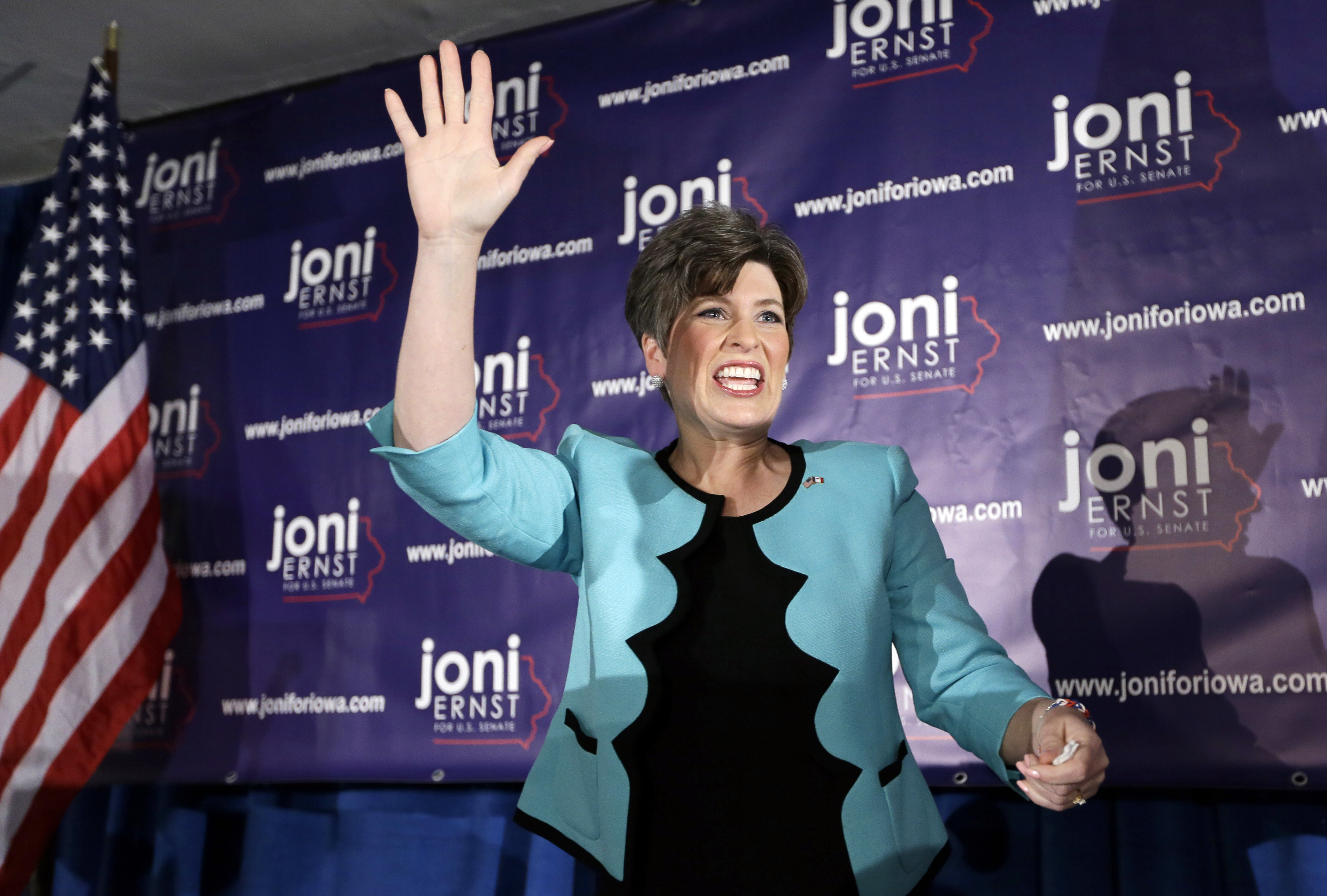 State Sen. Joni Ernst waves to supporters at a primary election night rally after winning the Republican nomination for the U.S. Senate, Tuesday, June 3, 2014, in Des Moines, Iowa. The 43-year-old Ernst won the nomination over five candidates. (Charlie Neibergall&mdash;ASSOCIATED PRESS)