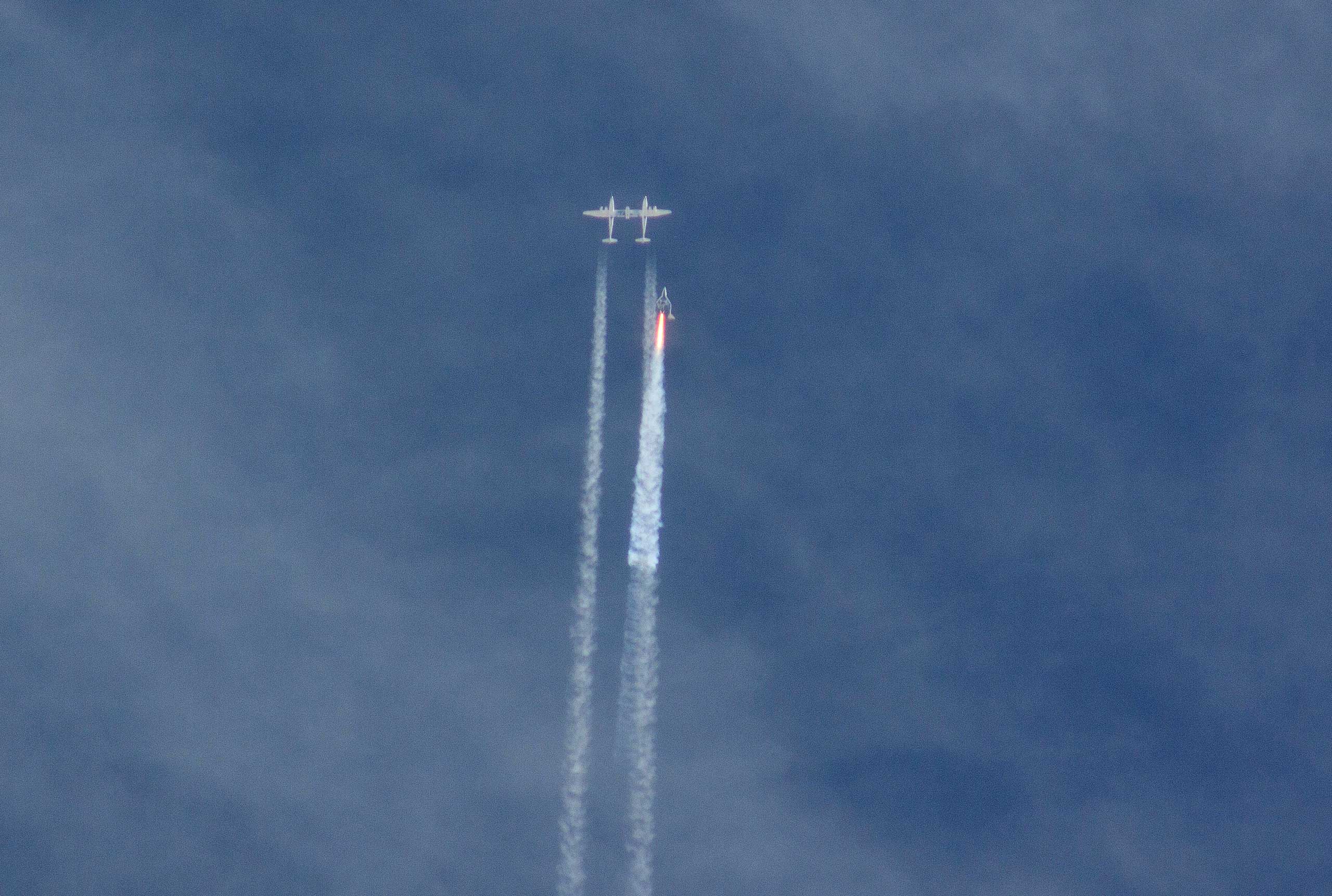Oct. 31, 2014. The Virgin Galactic SpaceShipTwo rocket separates from the carrier aircraft prior to it exploding in the air during a test flight. The explosion killed a pilot aboard and seriously injured another while scattering wreckage in Southern California's Mojave Desert.