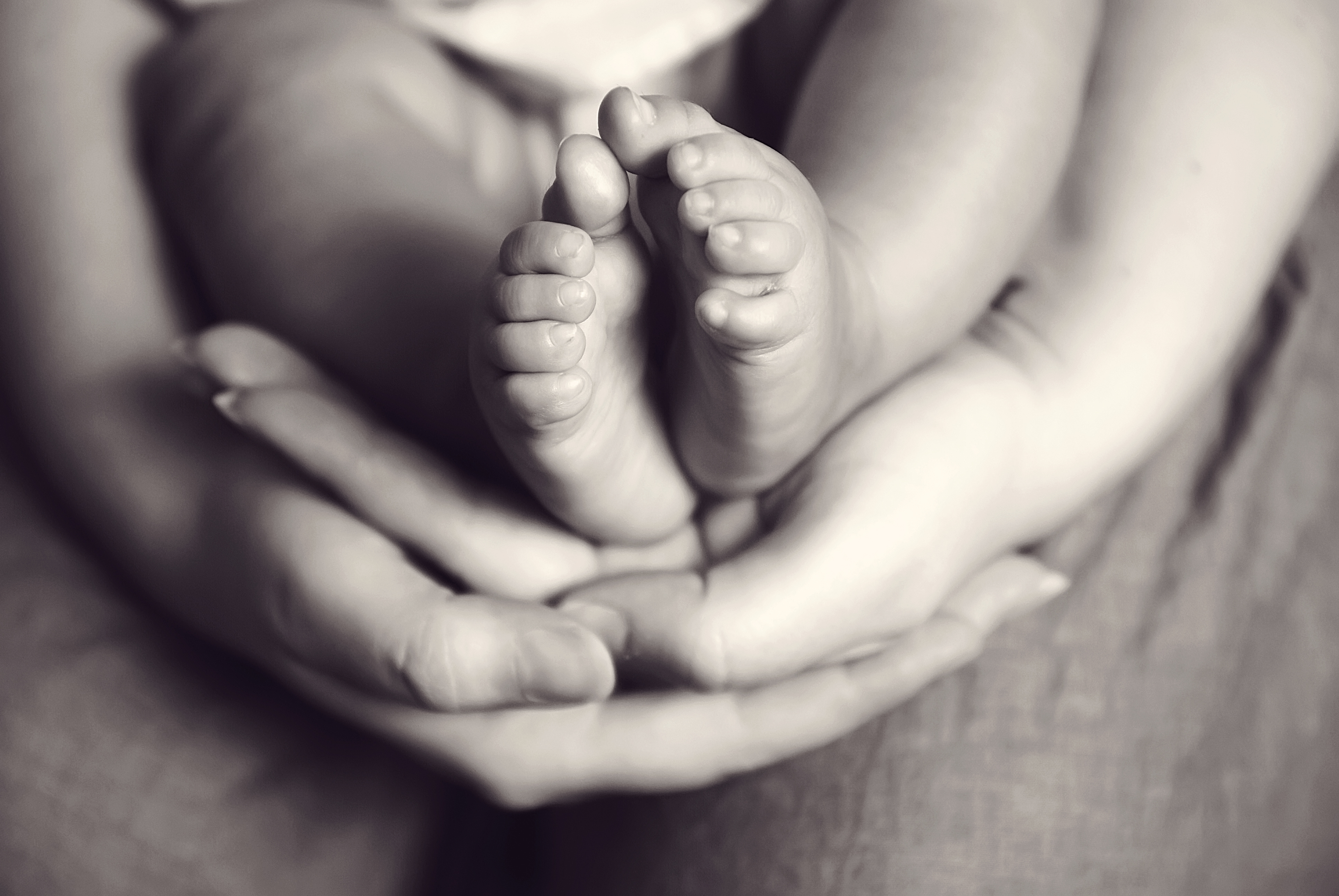 Infant feet and adult hands