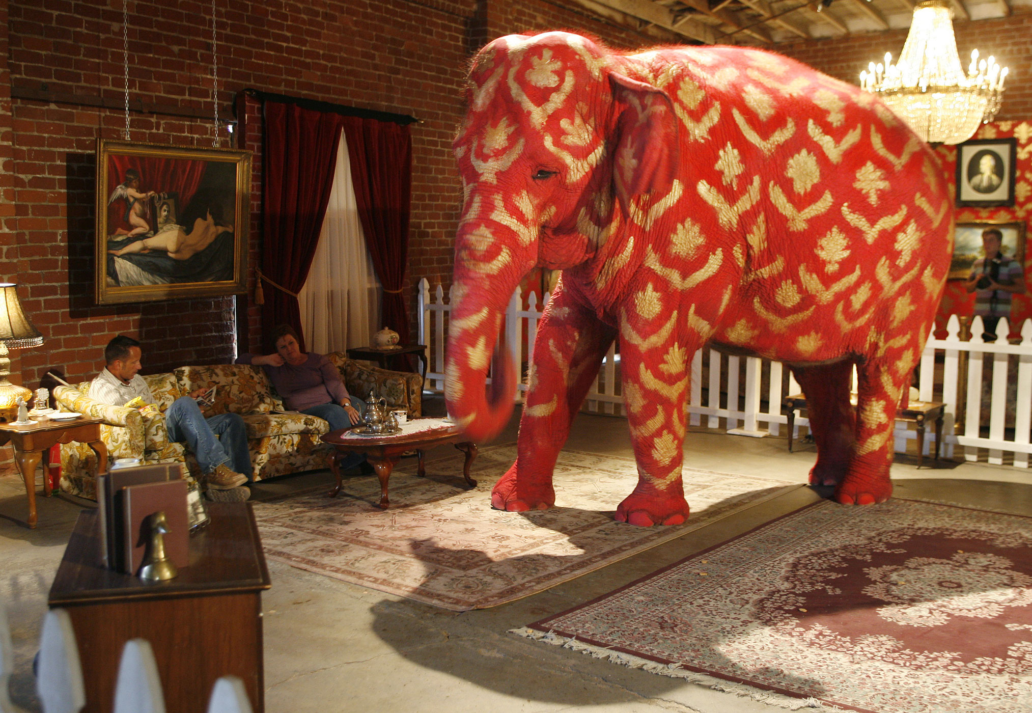 Asian elephant, painted by British underground artist Banksy, is displayed at "Barely Legal" exhibition in Los Angeles