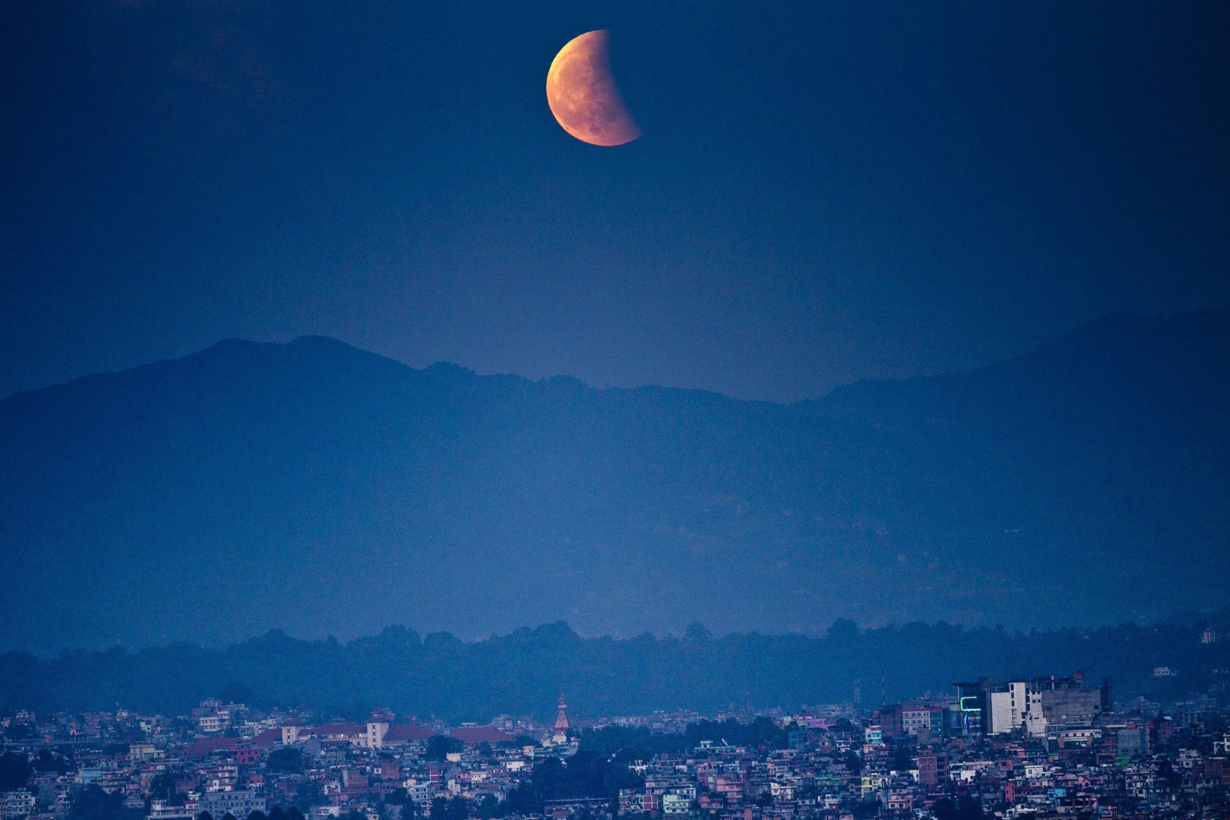 The moon during a total lunar eclipse from Kathmandu on Oct. 8, 2014.