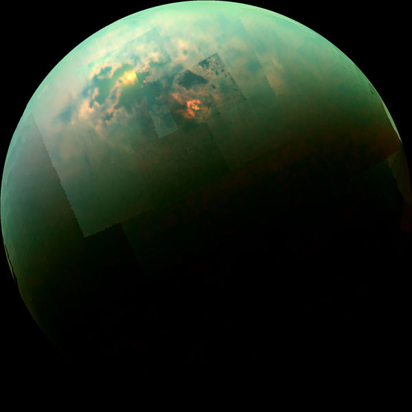 This near-infrared, color mosaic from NASA's Cassini spacecraft shows the sun glinting off of Titan's north polar seas. (NASA/JPL-Caltech/University of Arizona/University of Idaho)