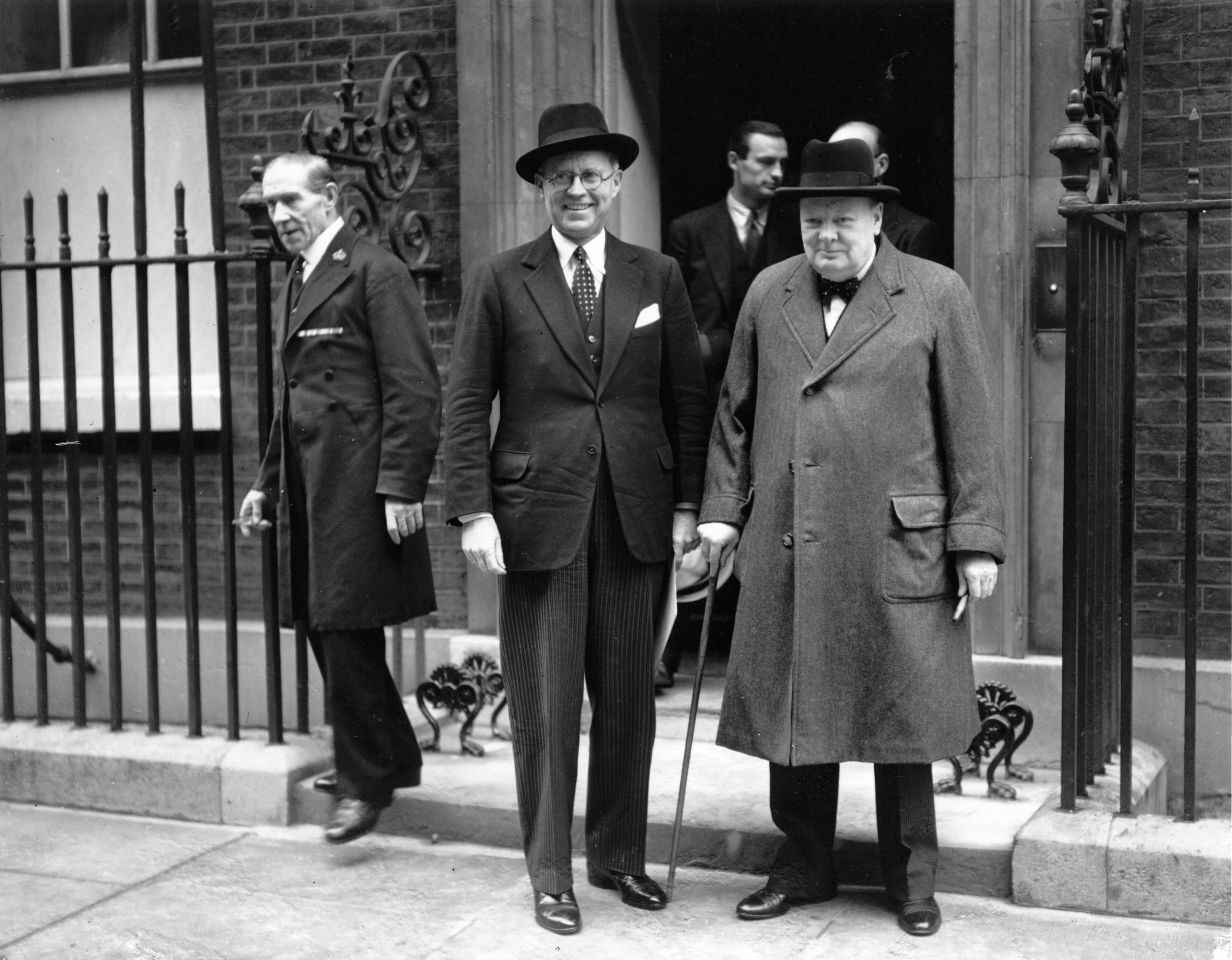 American Ambassador to Britain Joseph Kennedy with the English statesman Winston Churchill outside Downing Street, London. (Keystone/Getty Images)
