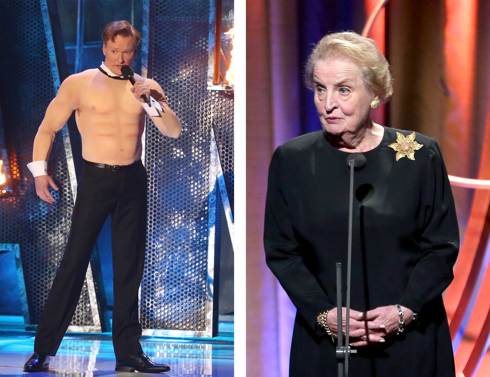 Conan O'brien wearing a muscle suit and Madeline Albright speaking at the 8th Annual Clinton Global Citizen Awards