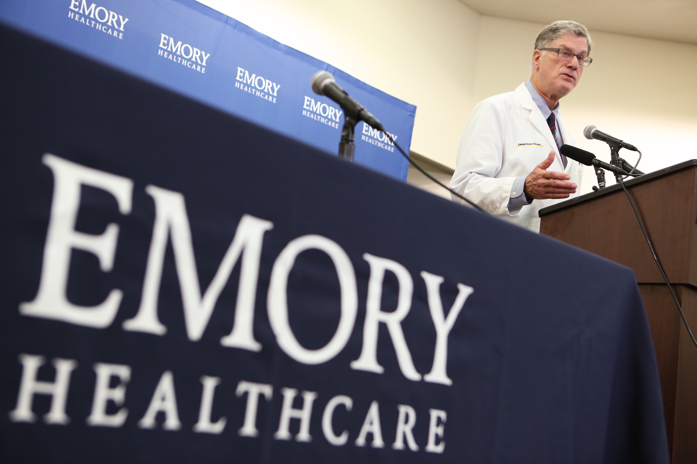 Dr. Bruce Ribner an epidemiologist and professor in the School of Medicine's Infectious Diseases Division, confirms that Emory University Hospital will be receiving and treating two American patients diagnosed with Ebola virus during a press conference at Emory University Hospital on Aug. 1, 2014 in Atlanta. (Jessica McGowan—Getty Images)