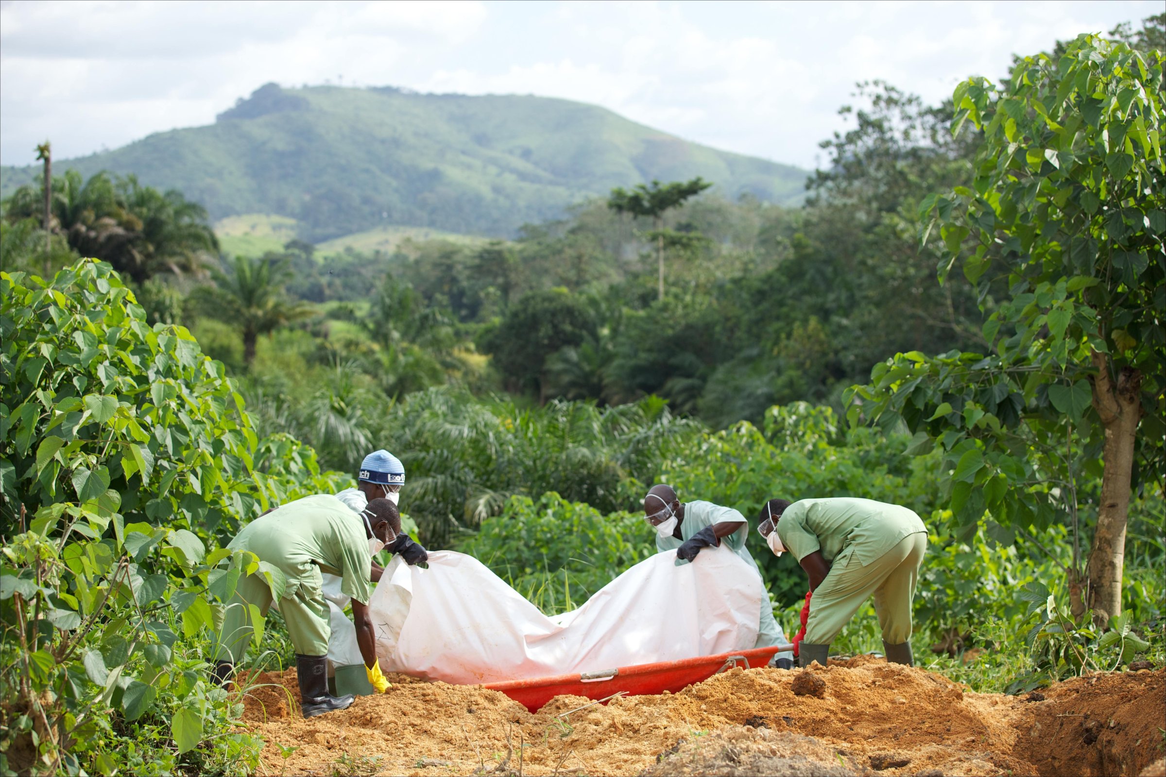 Red cross members from Guinea place an Ebola-infected body into a grave in a cemetery now overwhelmed with fresh graves in Gueckedou, Guinea on Oct. 17, 2014.