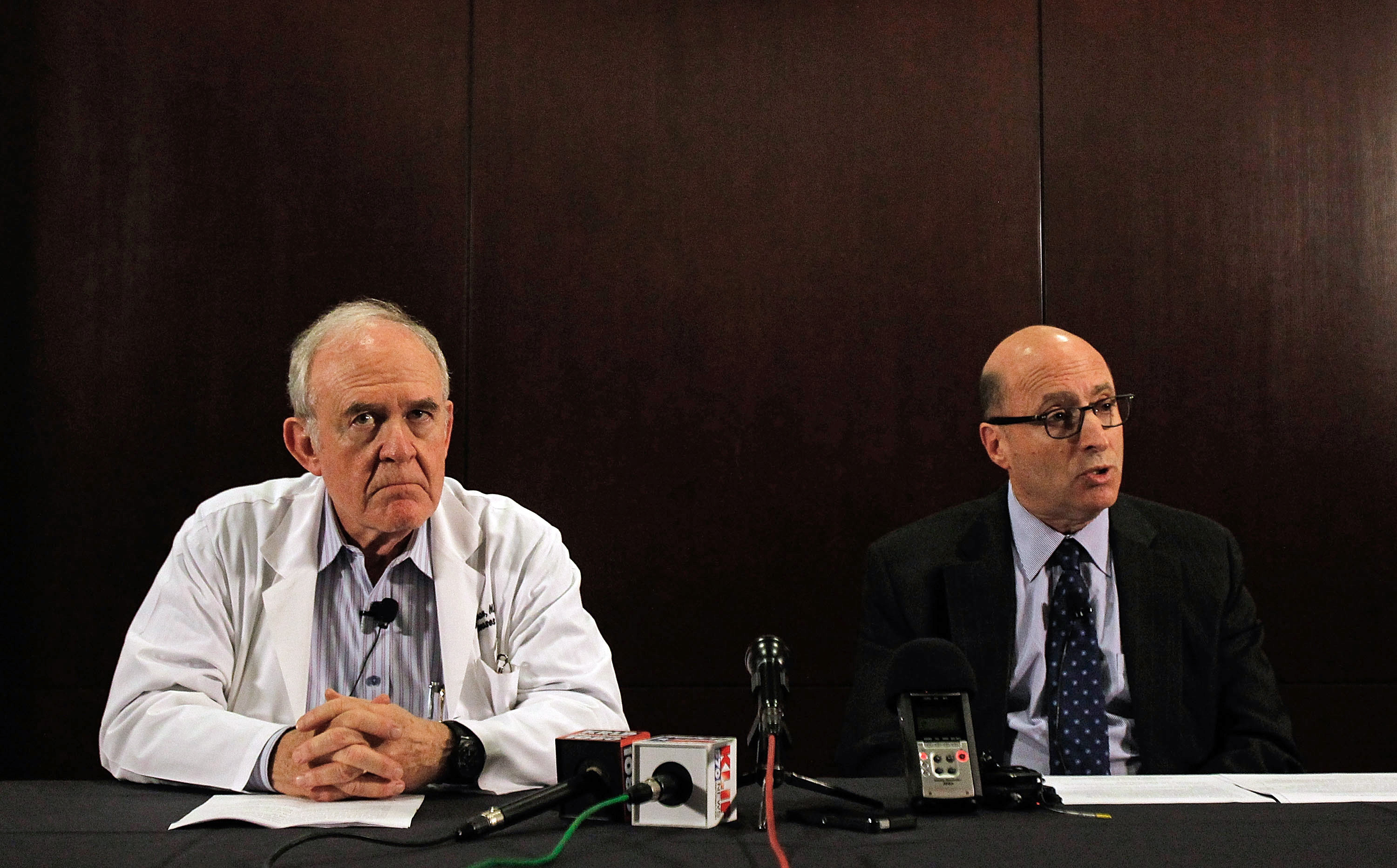 Dr. Edward Goodman, epidemiologist at Texas Health Presbyterian Hospital Dallas, and Dr. Mark Lester, Southeast Zone clinical leader for Texas Health Resources, answer questions during a media conference at Texas Health Presbyterian Hospital Dallas where a patient has been diagnosed with the Ebola virus on Sept. 30, 2014 in Dallas. (Mike Stone—Getty Images)