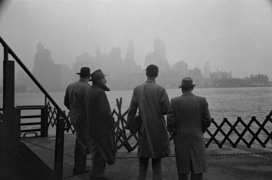 On a ferry in New York Harbor, looking at lower Manhattan, 1950.