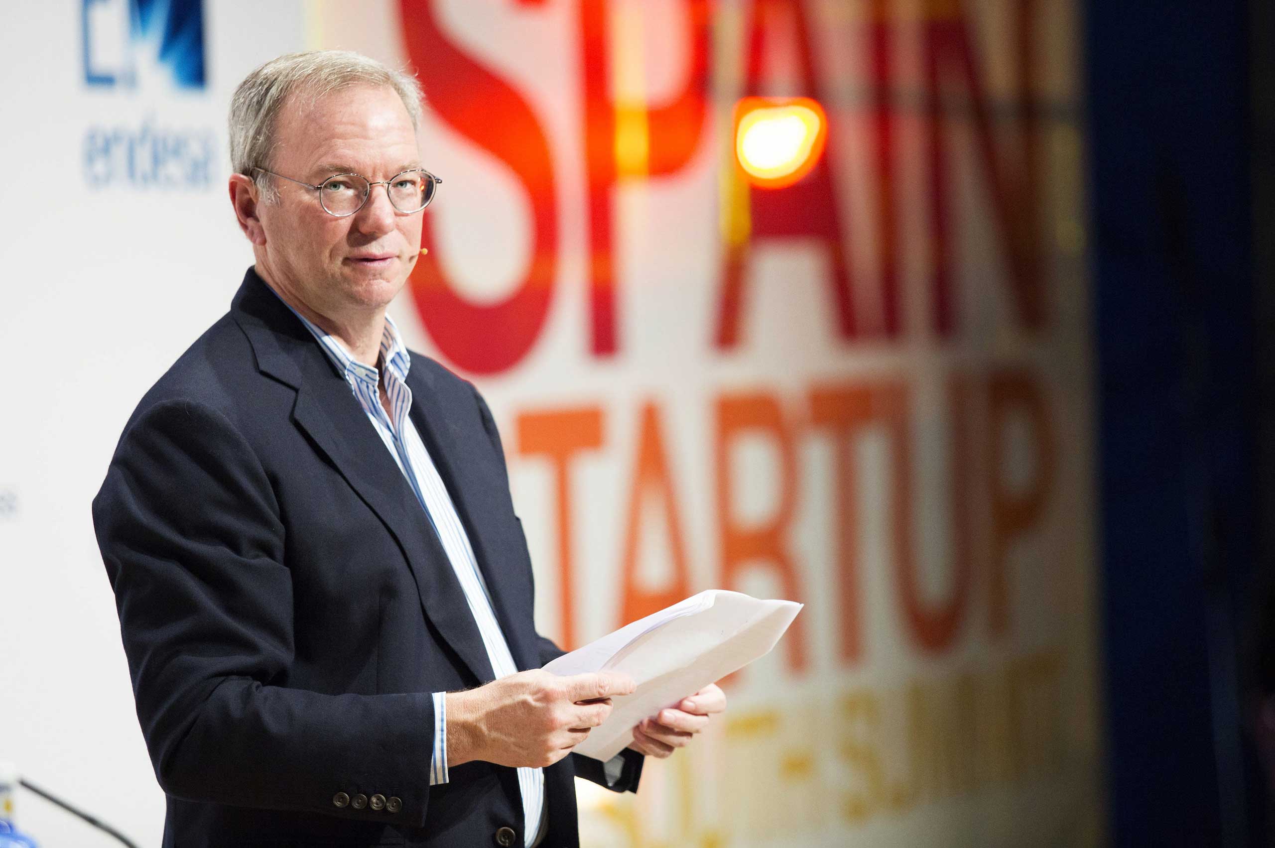 Google Executive Chairman Eric Schmidt speaks at the 'The South Summit'- Spain Start-Up convention at Las Ventas bullring in Madrid on Oct. 10, 2014. (Geisler-Fotopress/DPA/Corbis)