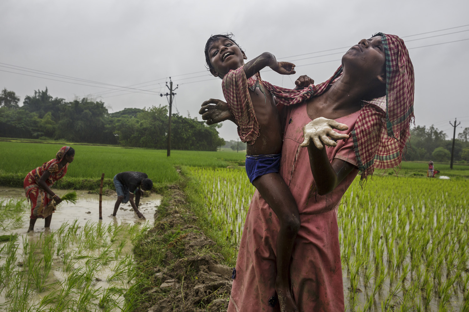 Sonia and Anita Singh accompany their parents during a rainstorm while they work in fields, Oct. 21, 2013 in West Bengal, India.