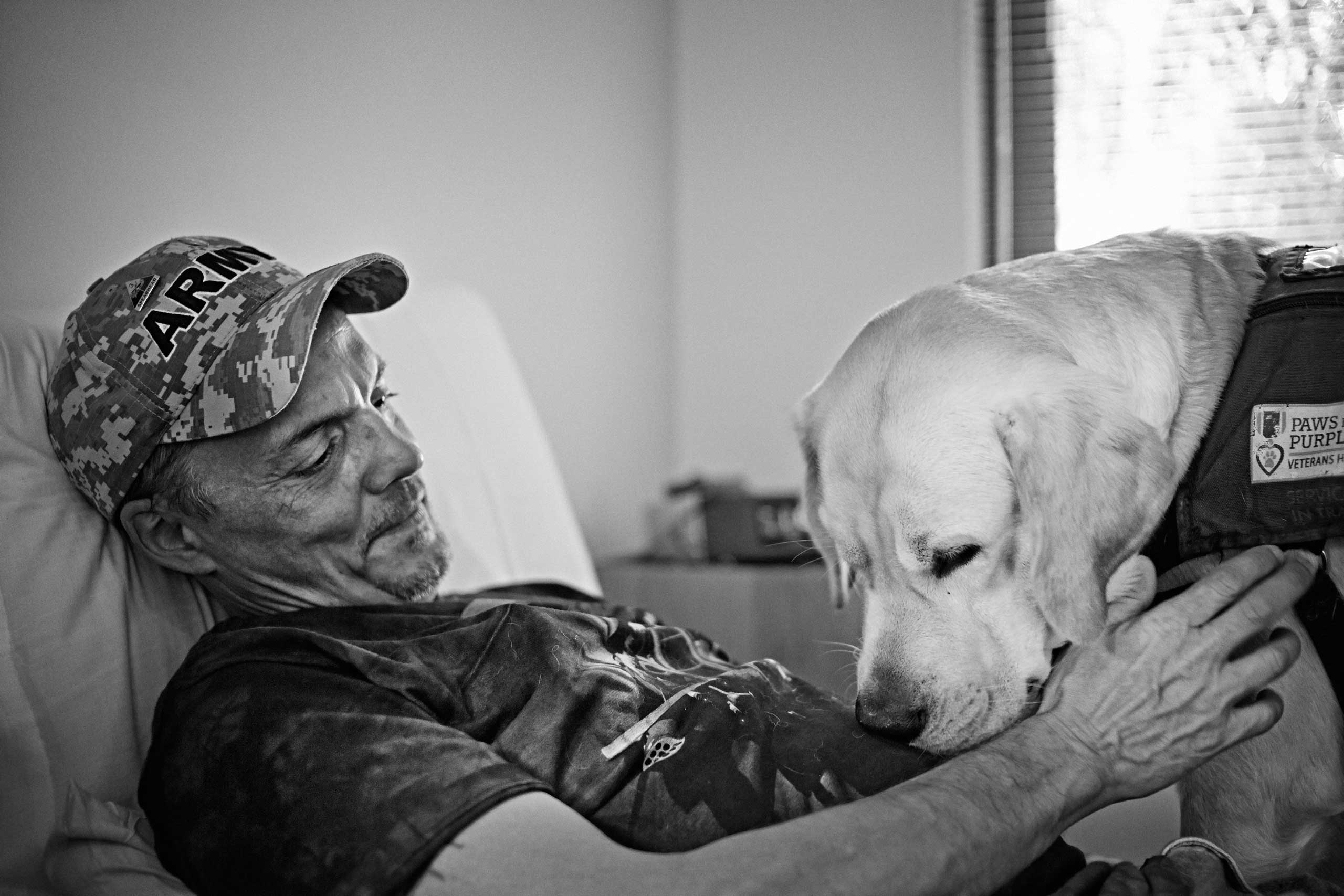 Veteran Chris Gash whit a service dog at the VA’s Menlo Park campus in California, United States on October 3, 2014.
                              
                              US Army Veteran Chris Gash served with 3rd Armored Division, 12th Combat Engineer Battalion and were deployed to Iraq during Operation Desert Storm with Task Force 4/8th in 1991.
                              
                              Paws for Purple Hearts is the first program of its kind to offer therapeutic intervention for Veterans and active-duty military personnel by teaching those with Post-Traumatic Stress Disorder (PTSD) to train service dogs for their comrades with combat-related injuries.