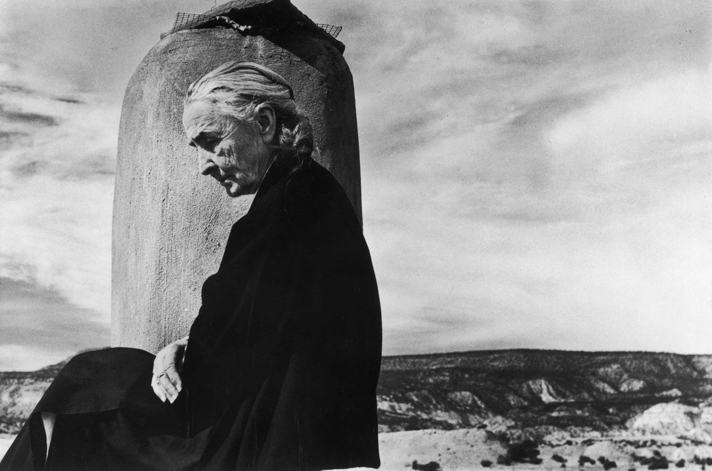 Georgia O'Keeffe photographed on the roof of her Ghost Ranch home in New Mexico, 1967.