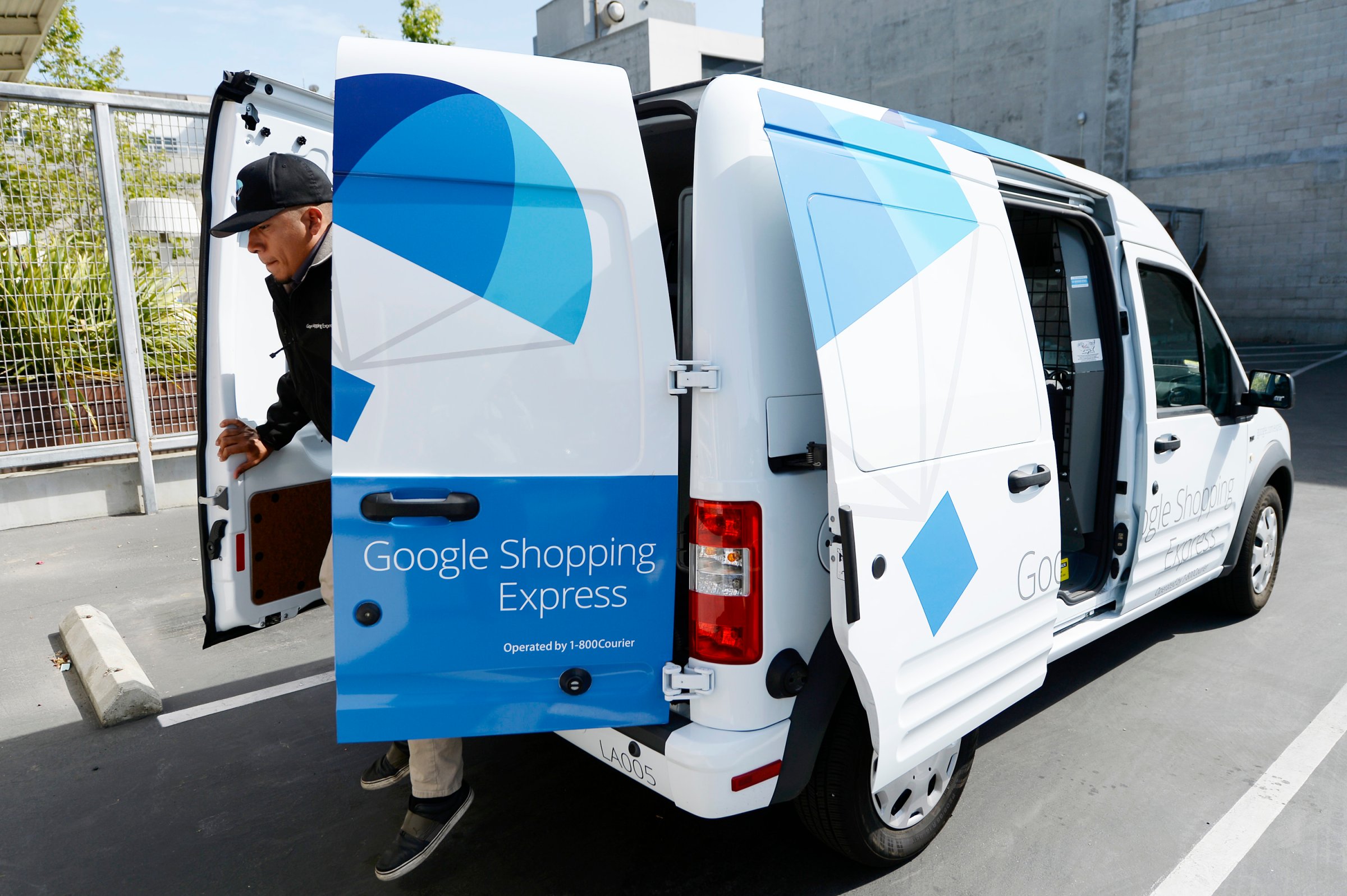 A Google Shopping Express van is seen at Google headquarters on May 5, 2014, in Los Angeles, California.