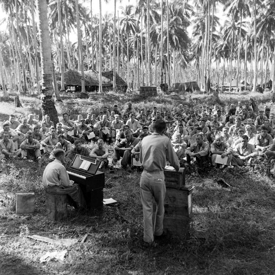 Rehearsing for a Christmas concert, Guadalcanal, December 1942.