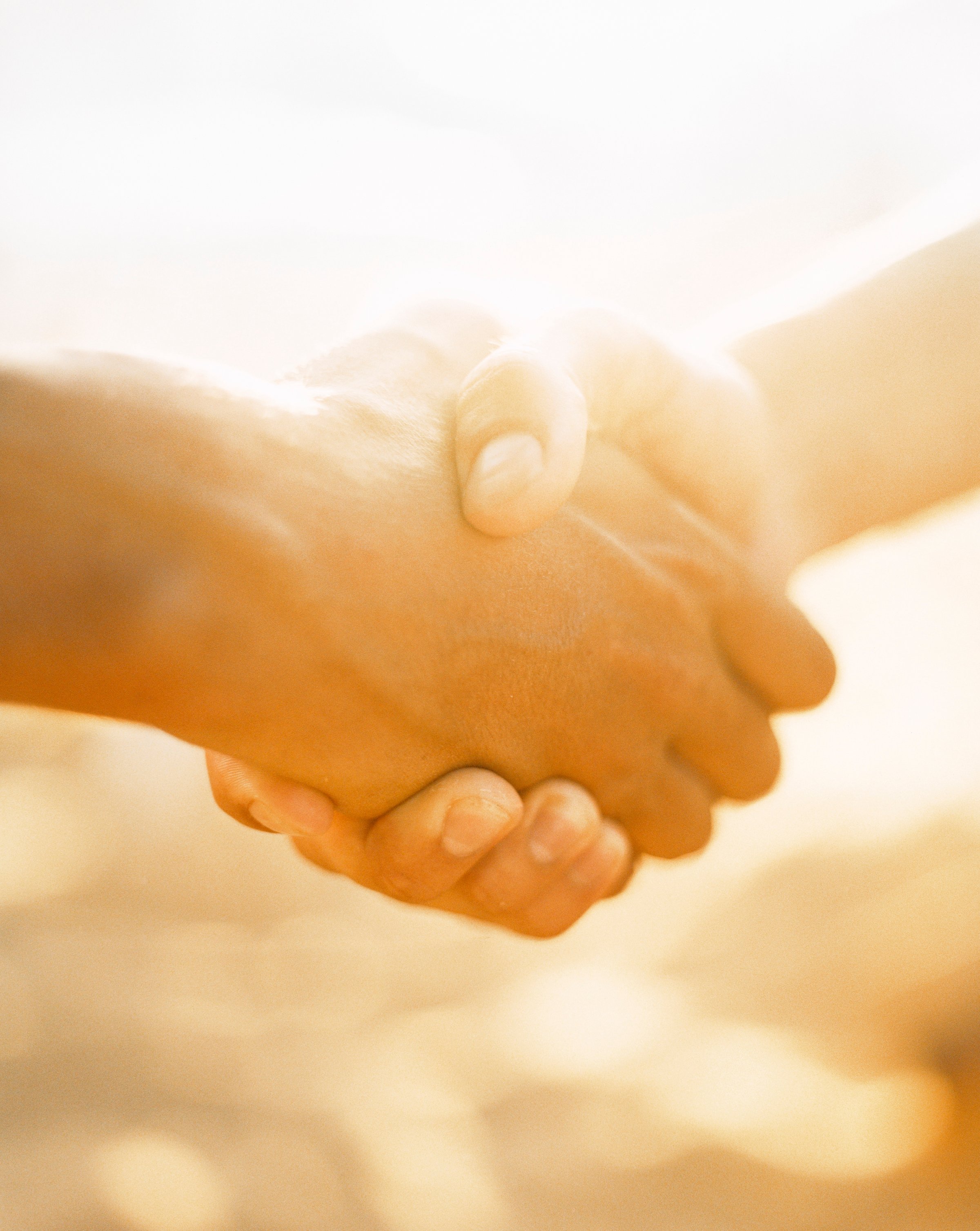 Two persons shaking hands in sunlight, close-up