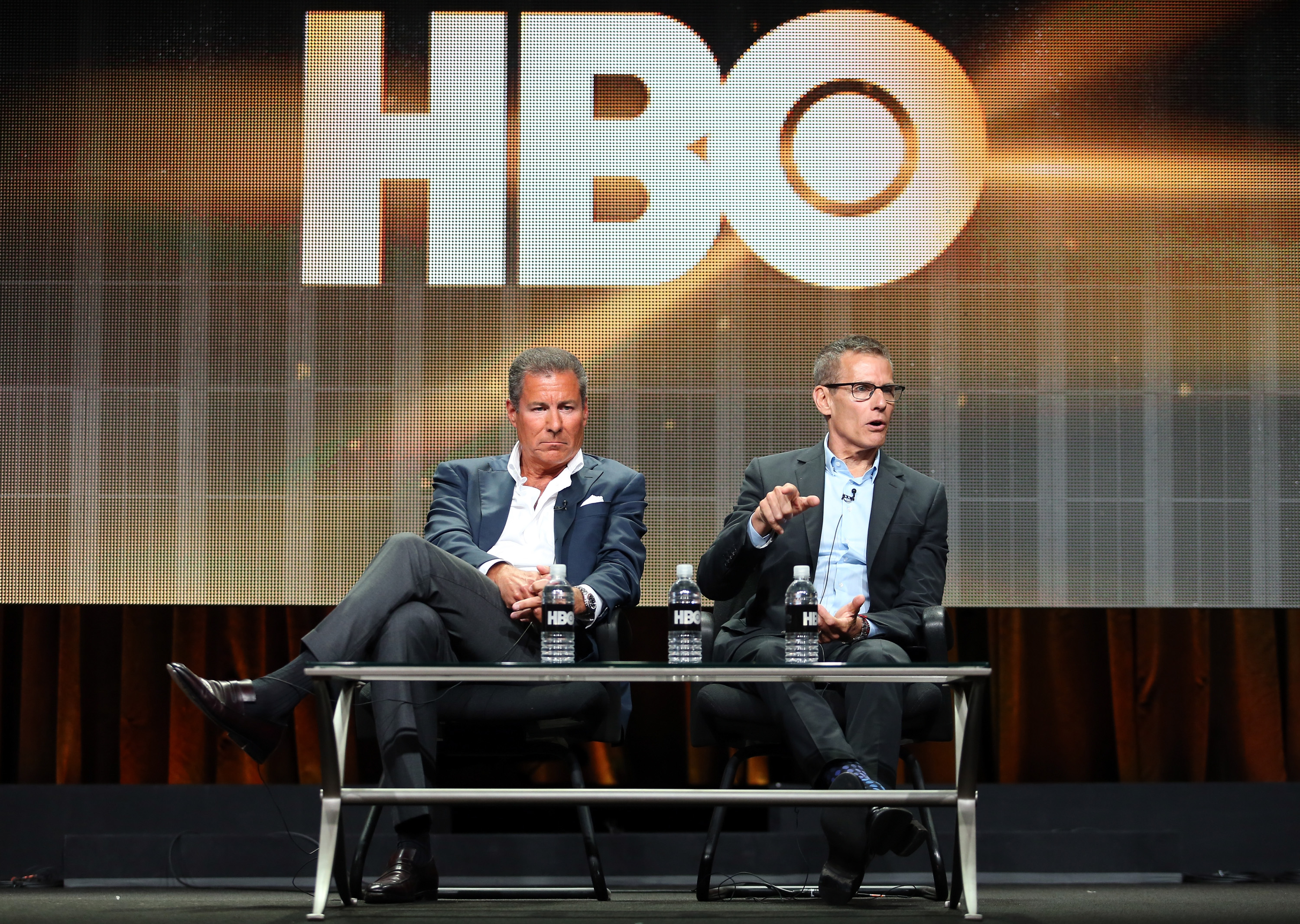 HBO Chairman and CEO Richard Plepler and HBO Programming President Michael Lombardo speak onstage at the Executive Session panel during the HBO portion of the 2014 Summer Television Critics Association on July 10, 2014 in Beverly Hills.