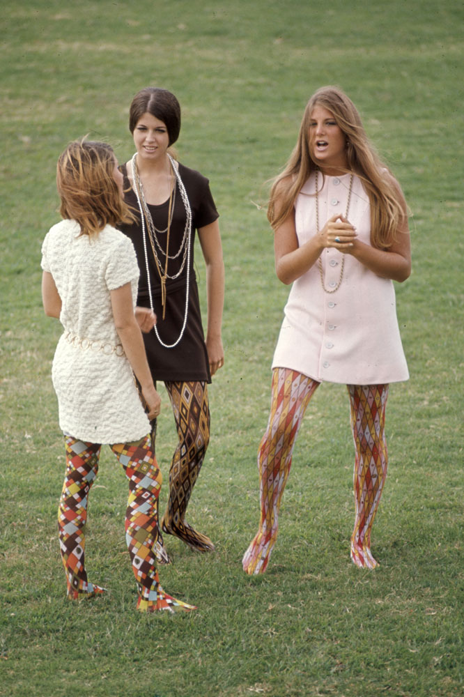 Corona del Mar High School students Kim Robertson, Pat Auvenshine and Pam Pepin wear "hippie" fashions, 1969.
