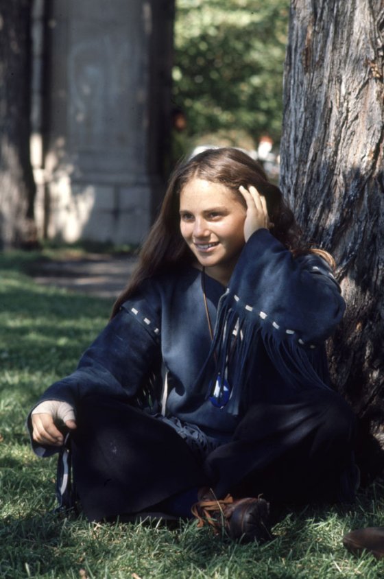 High schooler Nina Nalhaus wears wool pants and a homemade jacket in Denver, Colo., 1969.