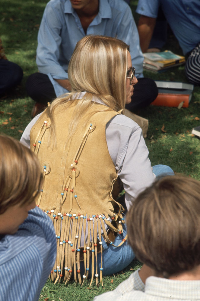 Southern California high schooler wears a buckskin vest and other hippie fashions, 1969.