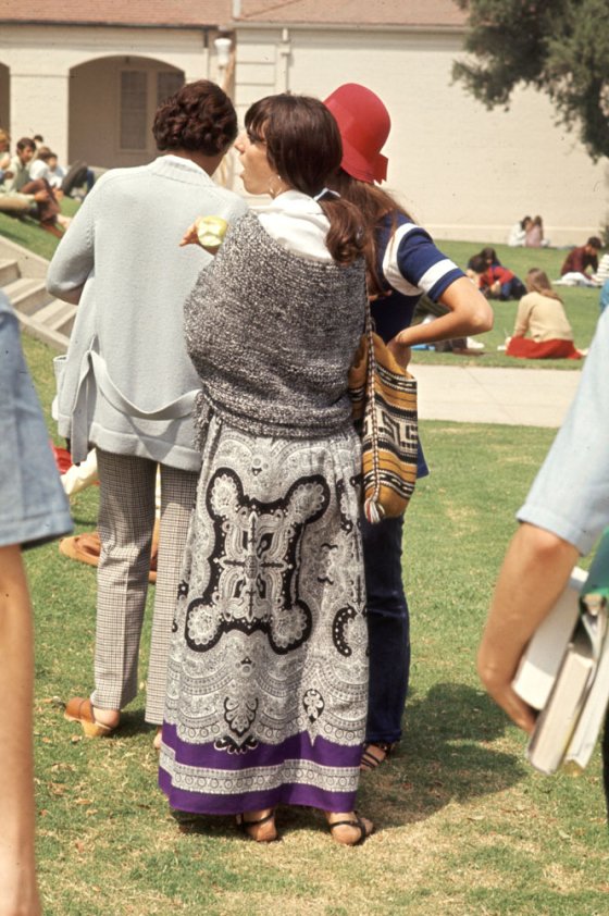 Southern California high school student wears old-fashioned tapestry skirt and wool shawl, 1969.