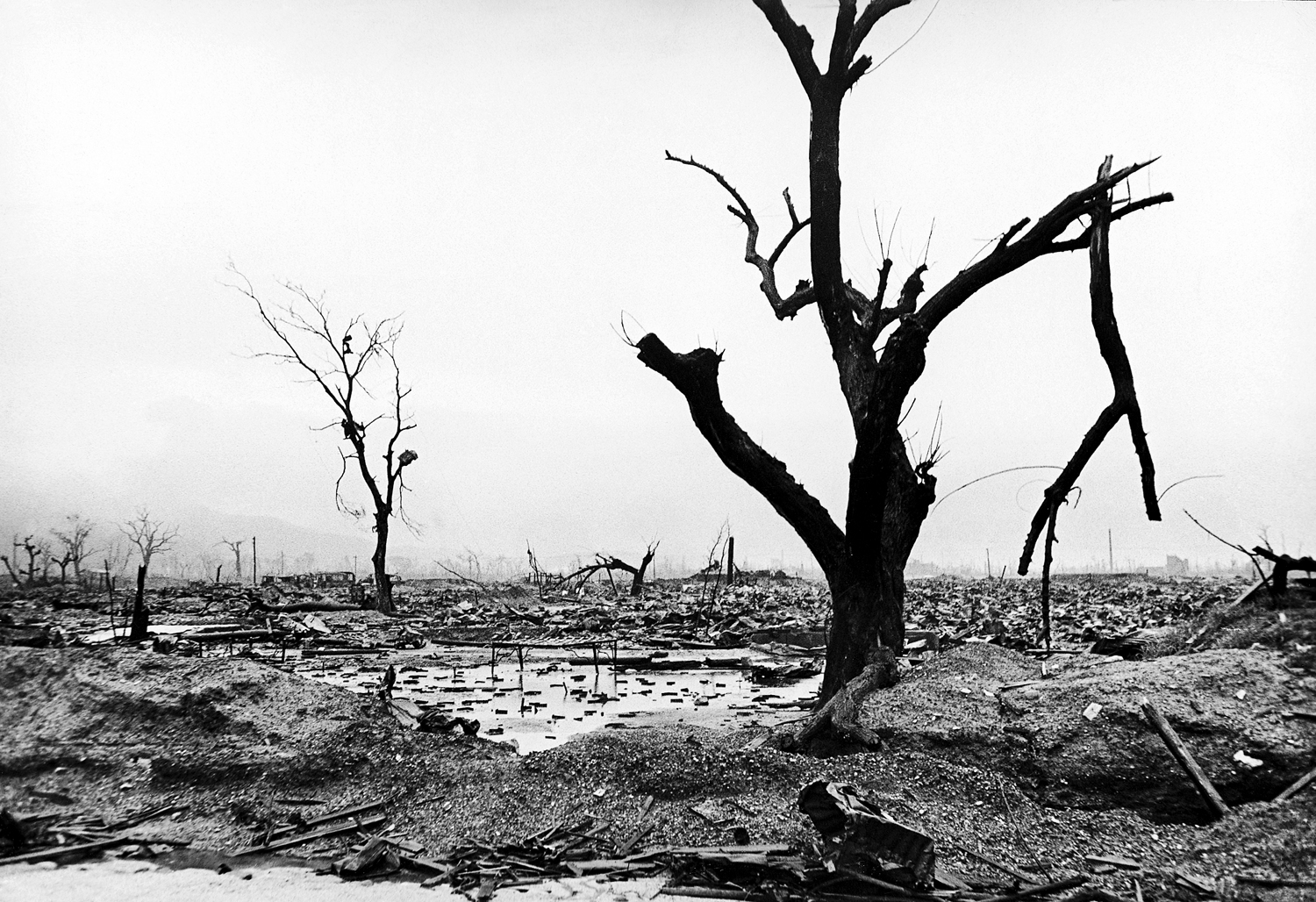 Neighborhood reduced to rubble by atomic bomb blast, Hiroshima, 1945.