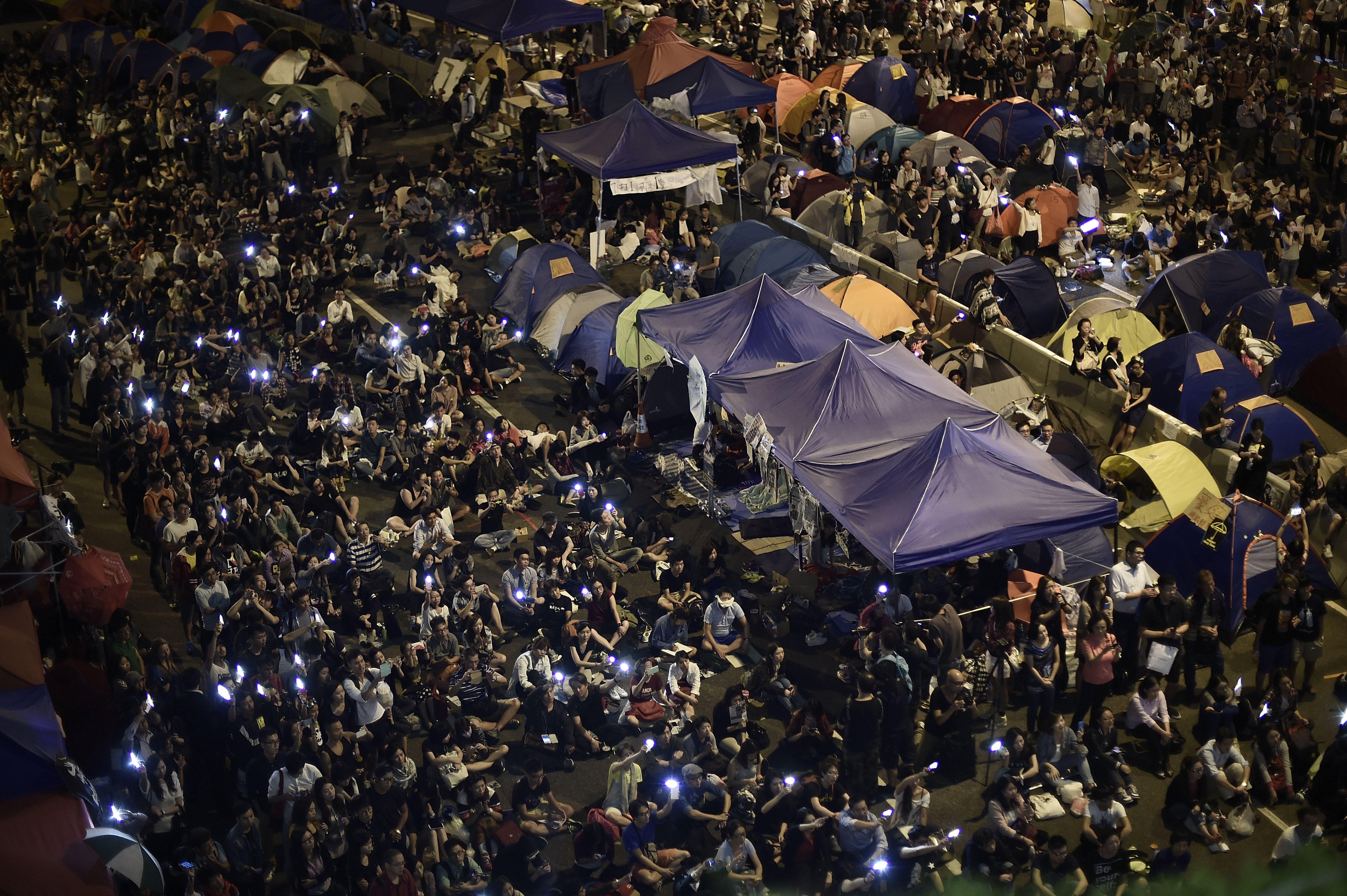 On October 16, 2014 in Hong Kong, pro-democracy protesters continue to call for open elections and the resignation of Hong Kong's Chief Executive Leung Chun-ying. (Alexander Koerner—Getty Images)