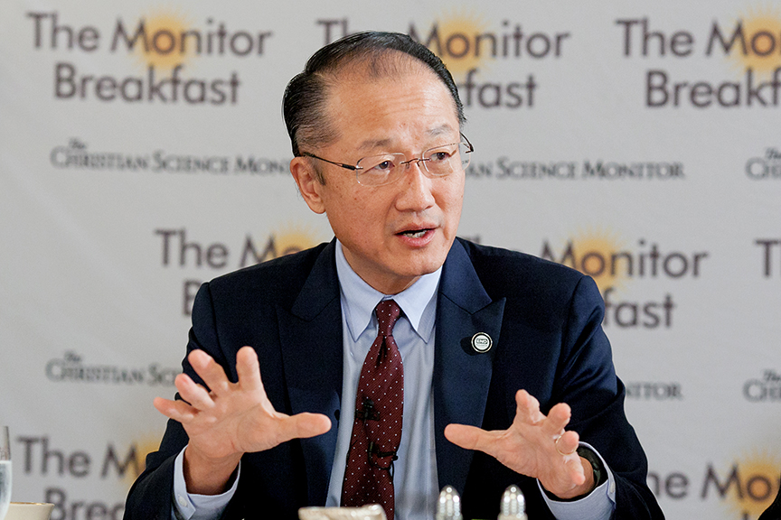 World Bank President Dr. Jim Kim speaks to reporters in Washington  about Ebola on Oct. 24 (Michael Bonfigli—The Christian Science Monitor)