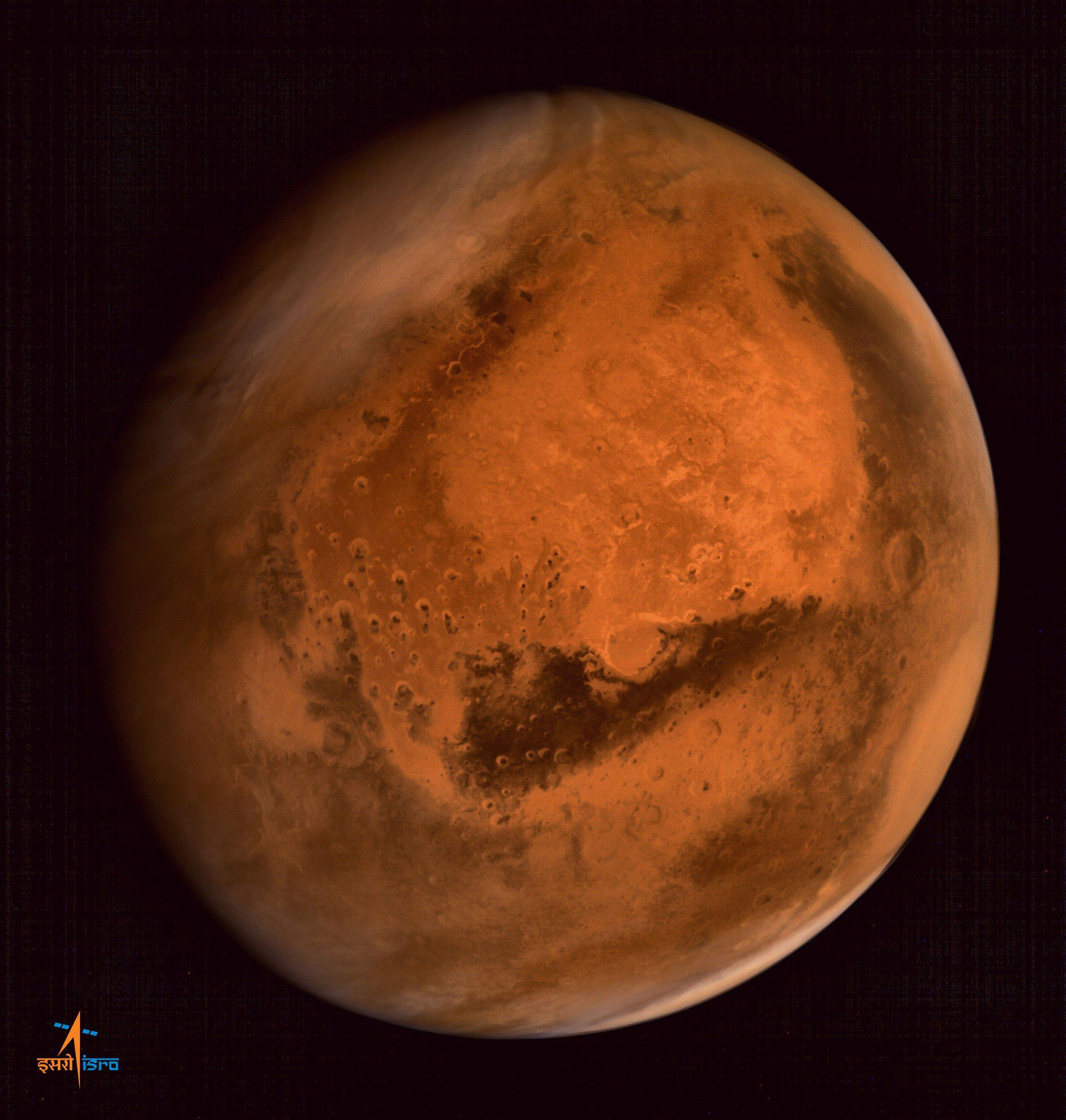Mars photographed by the ISRO Mars Orbiter Mission (MOM) spacecraft on Sept. 30, 2014.